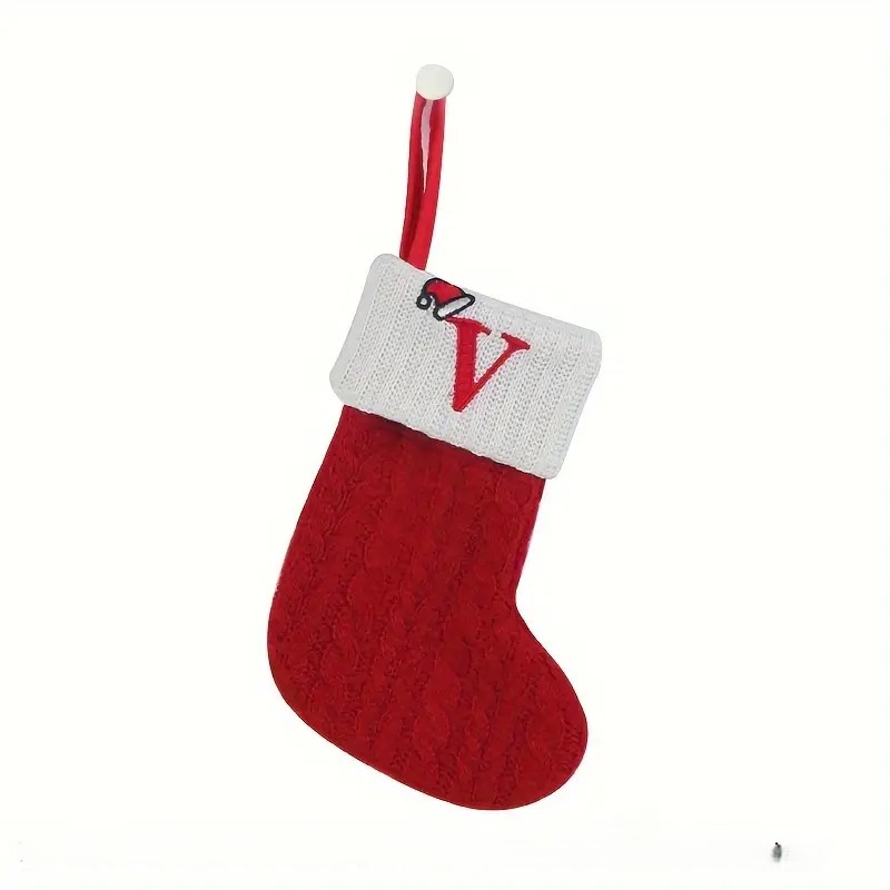 Christmas Knitted Stocking With Letter Print And Hanging Rope For Tree And Gifts
