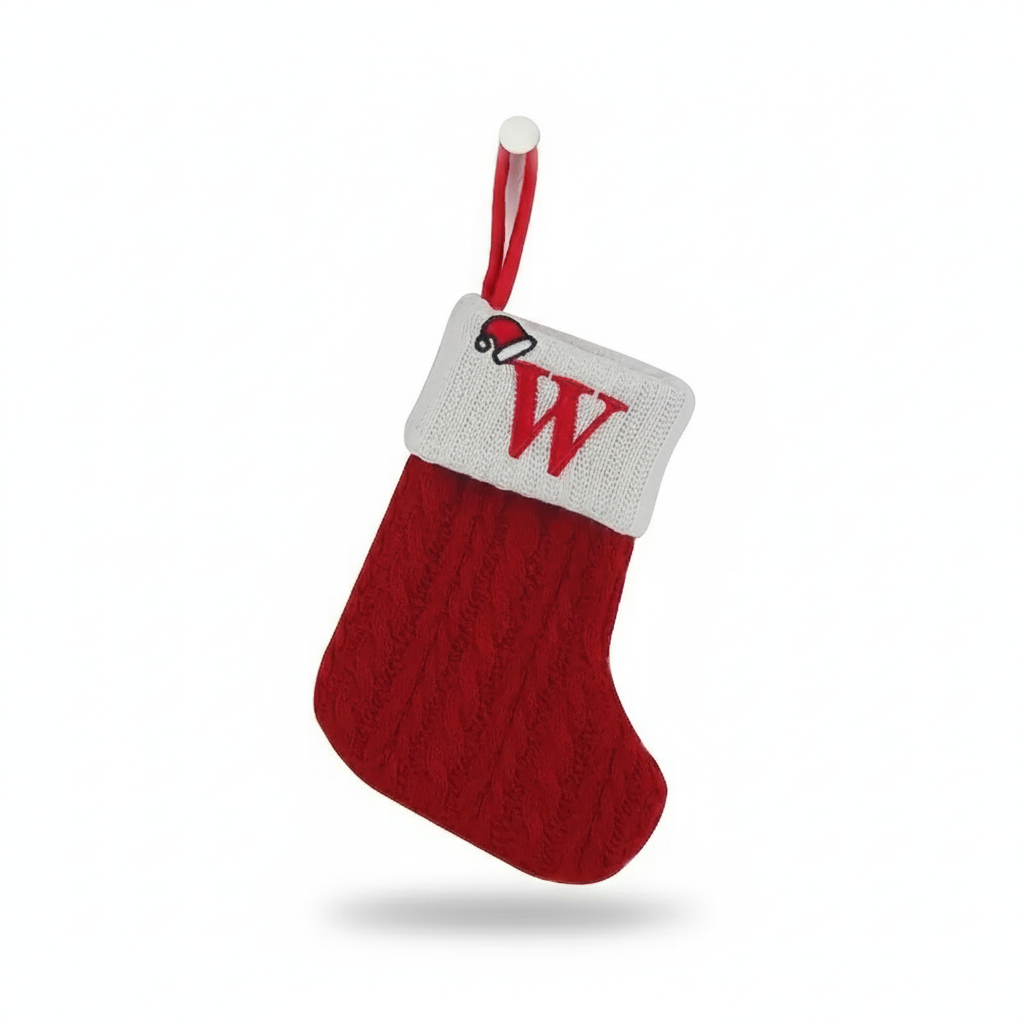 Christmas Knitted Stocking With Letter Print And Hanging Rope For Tree And Gifts