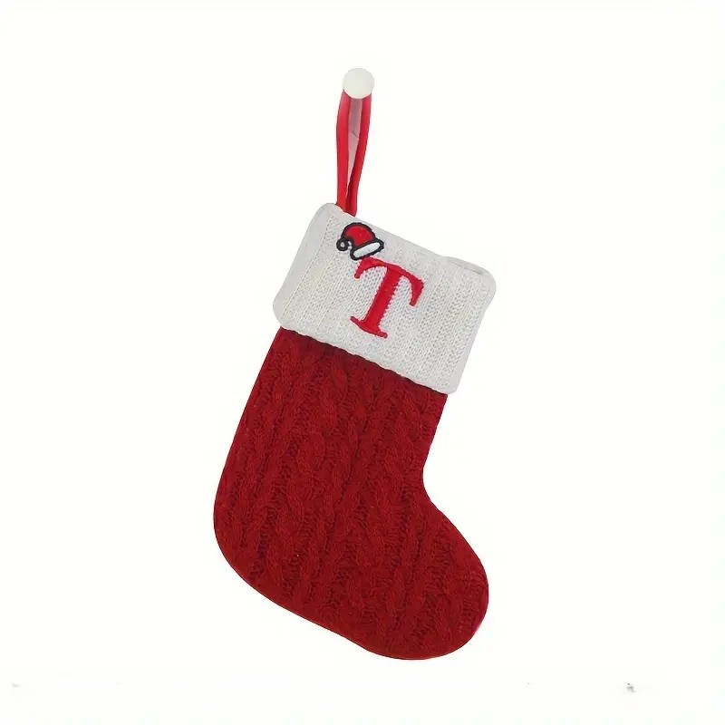 Christmas Knitted Stocking With Letter Print And Hanging Rope For Tree And Gifts