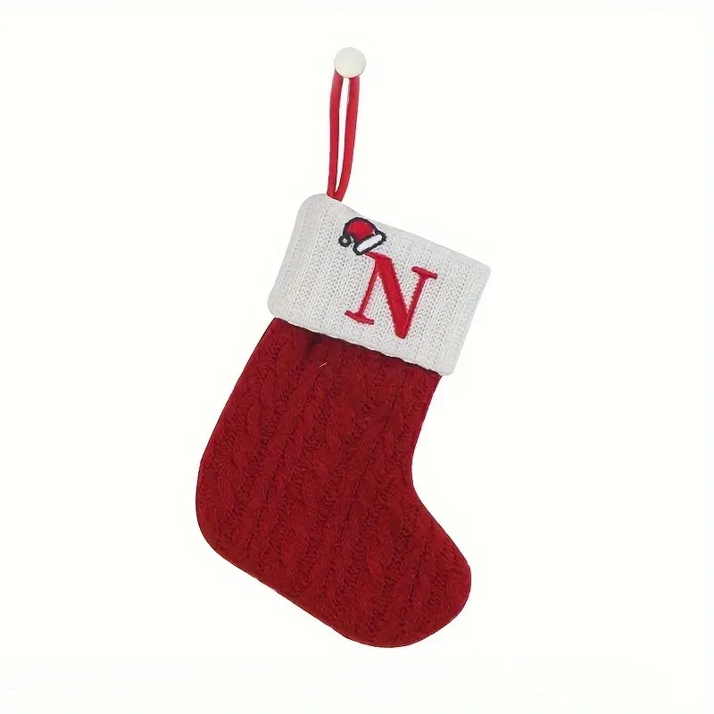 Christmas Knitted Stocking With Letter Print And Hanging Rope For Tree And Gifts