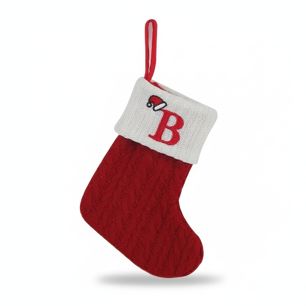 Christmas Knitted Stocking With Letter Print And Hanging Rope For Tree And Gifts