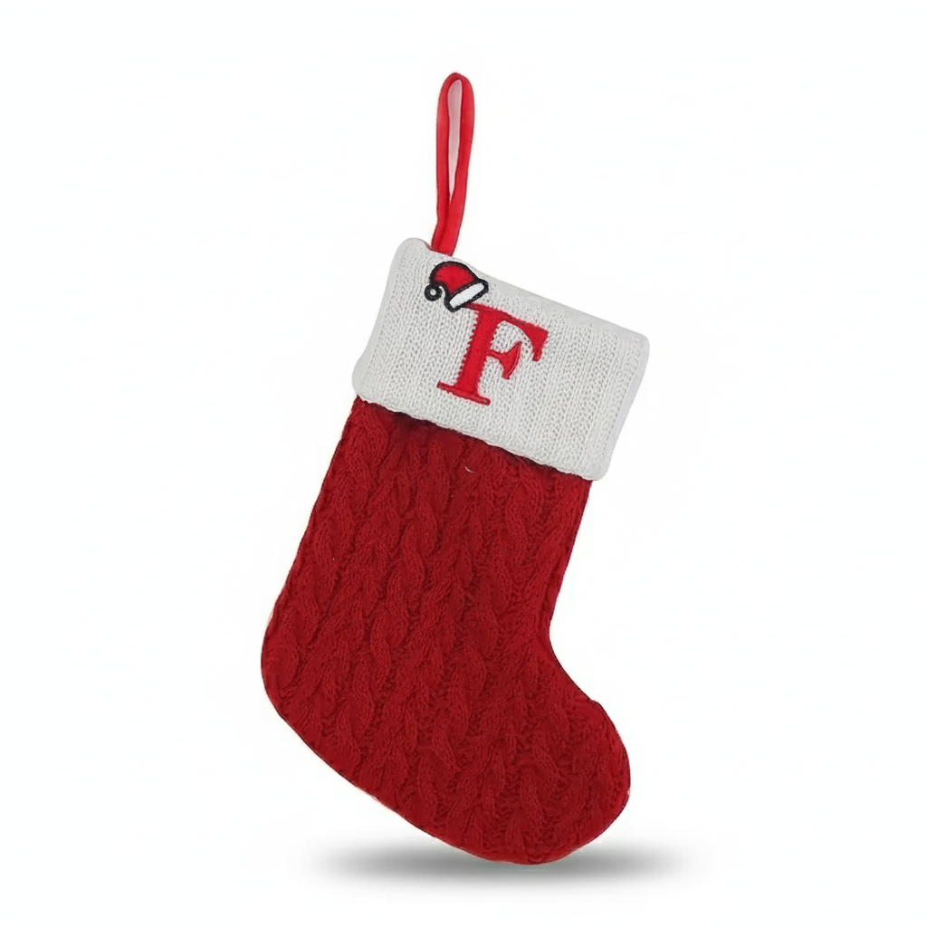 Christmas Knitted Stocking With Letter Print And Hanging Rope For Tree And Gifts