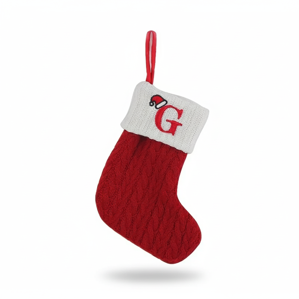 Christmas Knitted Stocking With Letter Print And Hanging Rope For Tree And Gifts