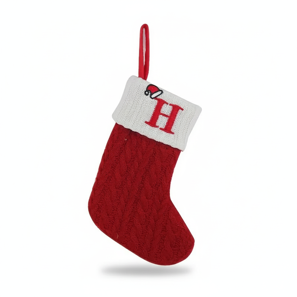 Christmas Knitted Stocking With Letter Print And Hanging Rope For Tree And Gifts
