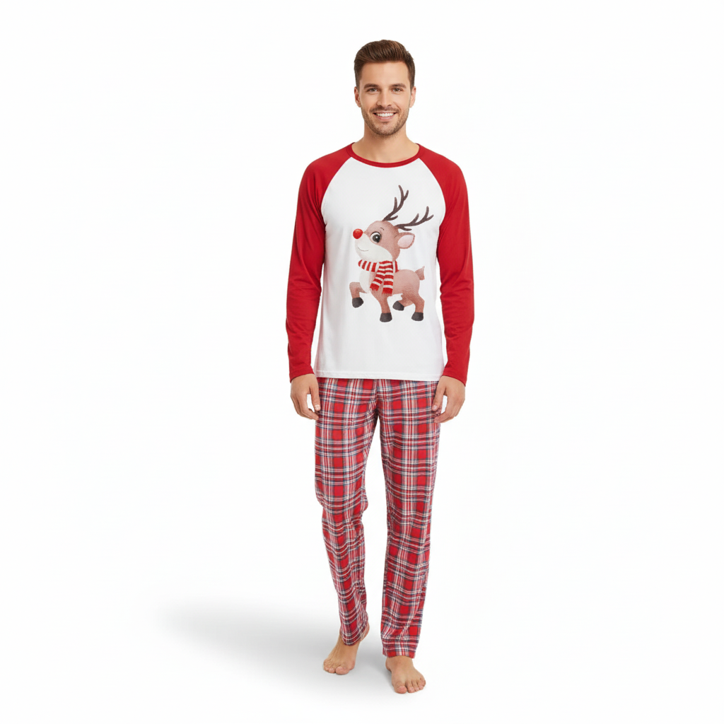 Christmas Print Sleepwear Family Matching Sets with Reindeer Design