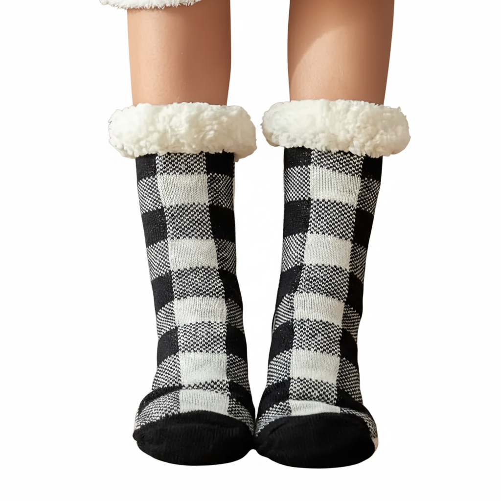 Pair Of 2 Christmas Socks With Plaid Design And Thick Knit For Men And Women