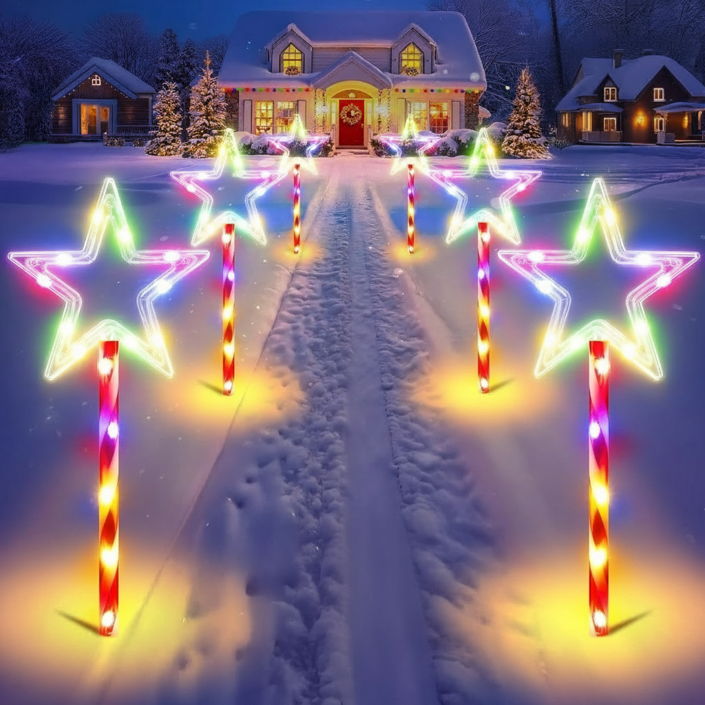 Six solar color-changing star pathway stake lights arranged symmetrically along a snow-covered driveway leading to an illuminated house