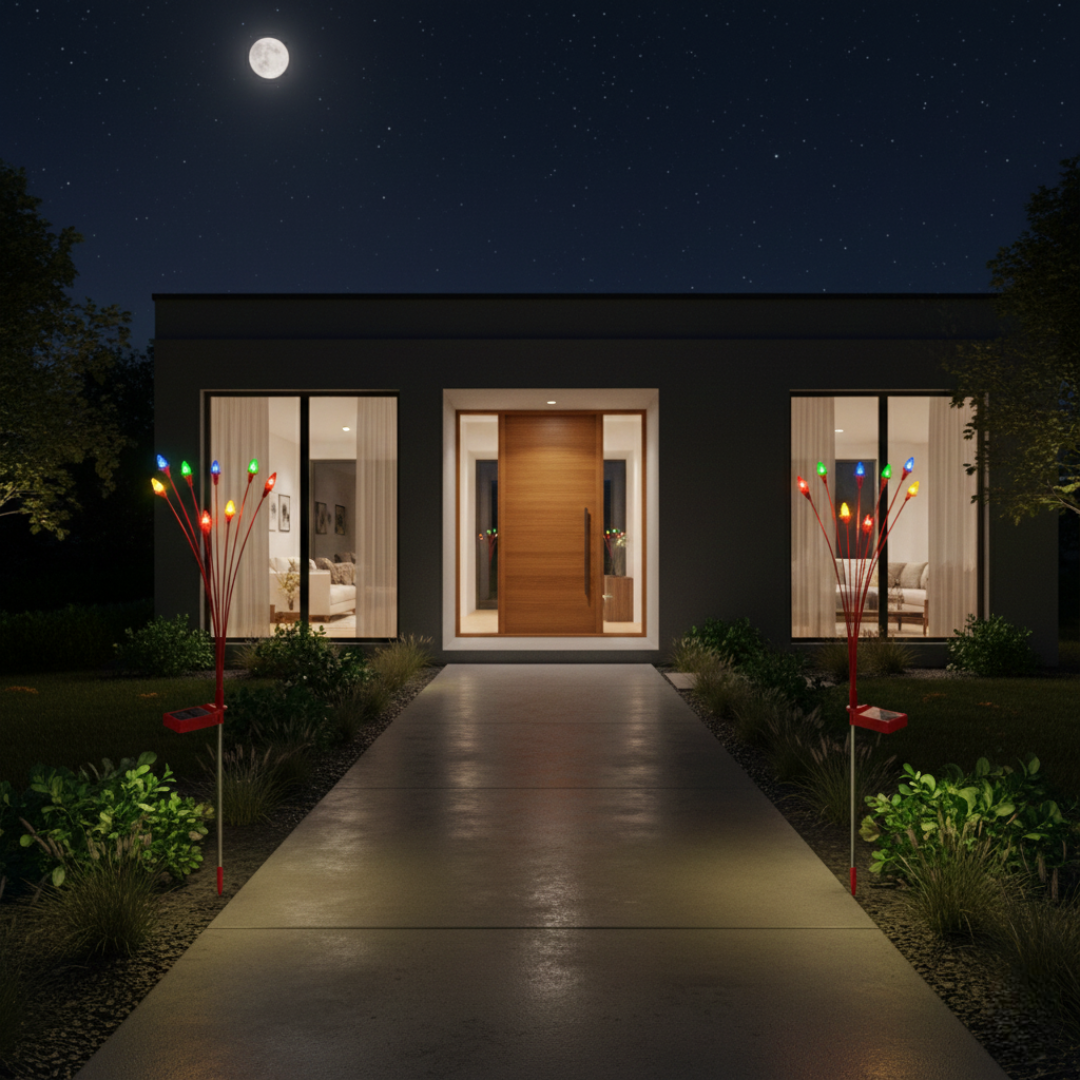 Two solar Christmas garden lights with branching red wire stakes glowing multicolor beside moonlit pathway