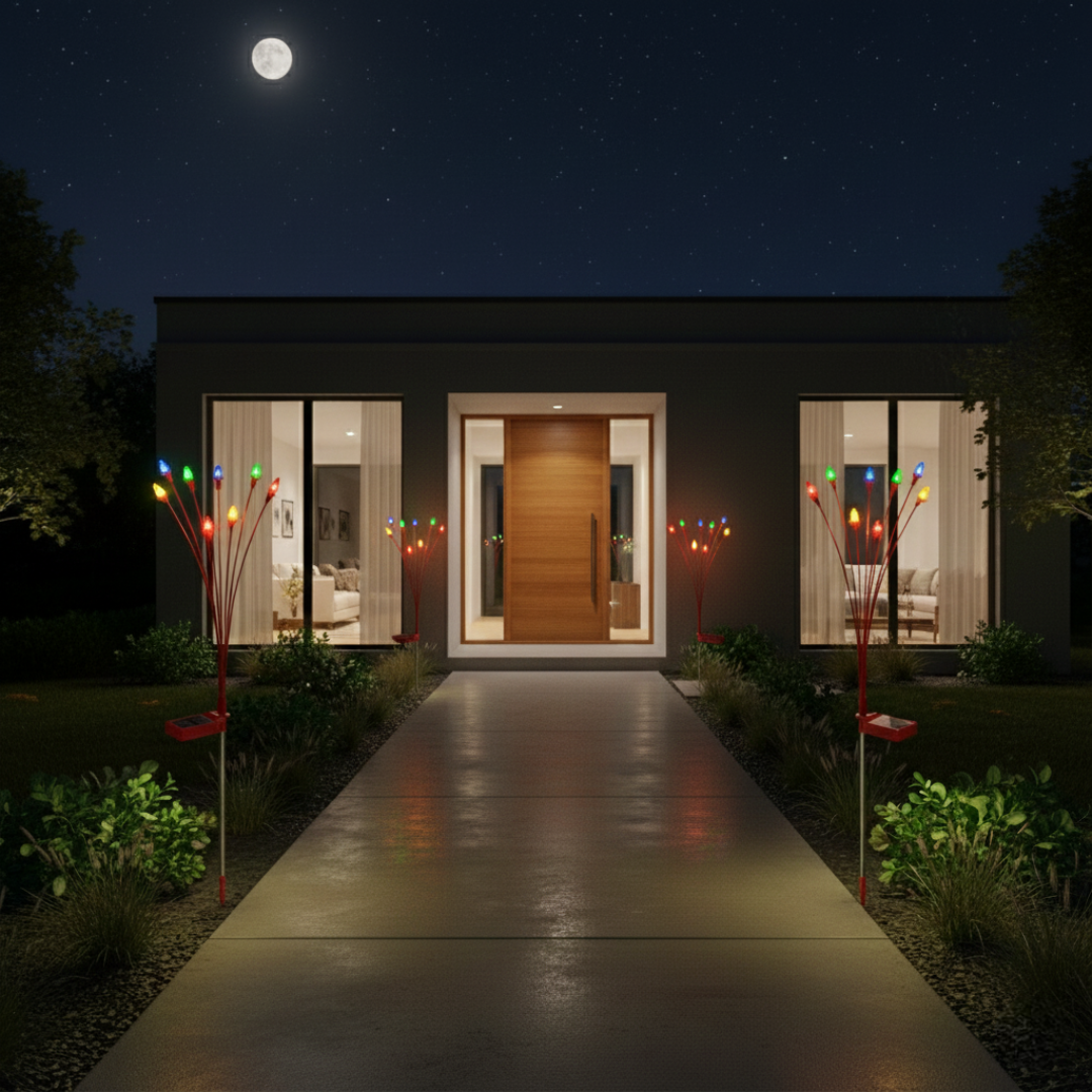 Pair of solar Christmas garden stake lights with branched red wire and multicolor LED berries at moonlit entrance