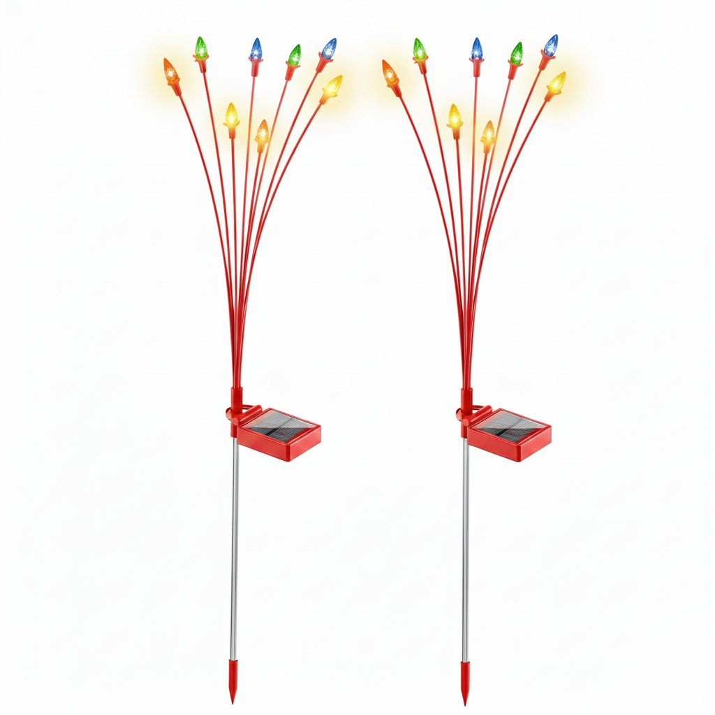 Two solar Christmas berry garden lights on red wire stakes showing multicolor LEDs lit from close angle