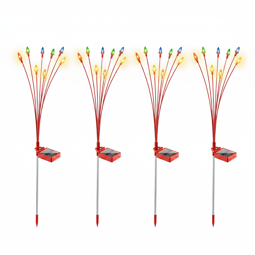 Four solar Christmas berry garden stake lights with red stems and multicolor bulbs, product-only white background shot