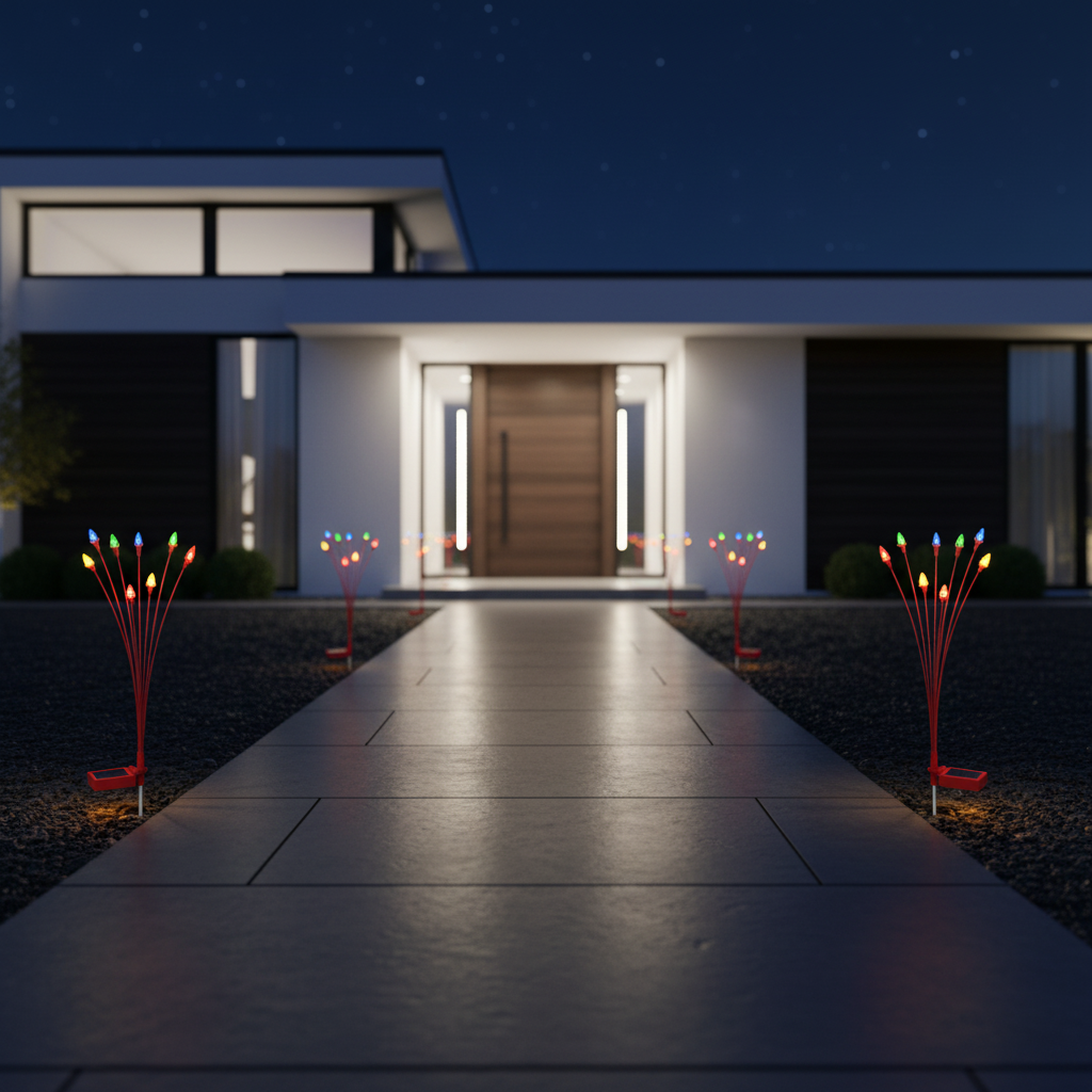 Two solar Christmas garden lights with red branching stems and multicolor LED bulbs flanking a modern home entrance at night