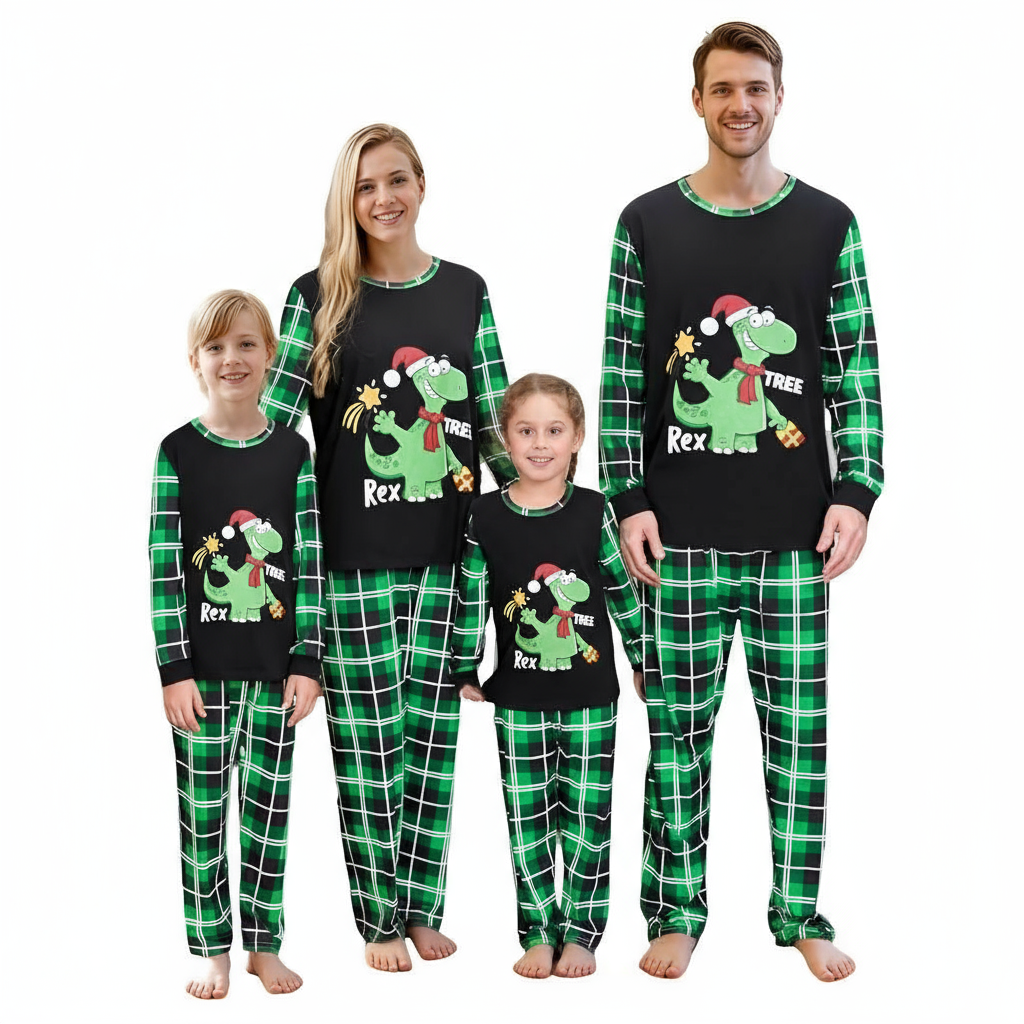 Dinosaur Rex Tree Printed Plaid Family Matching Christmas Pajama Set