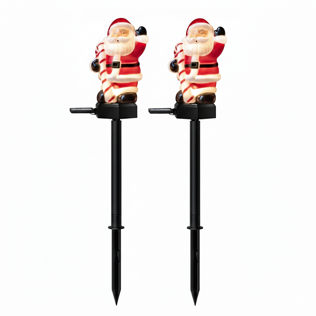 Two solar Santa garden stake lights on white background, unlit product view showing Santa figure seated on black solar panel stake