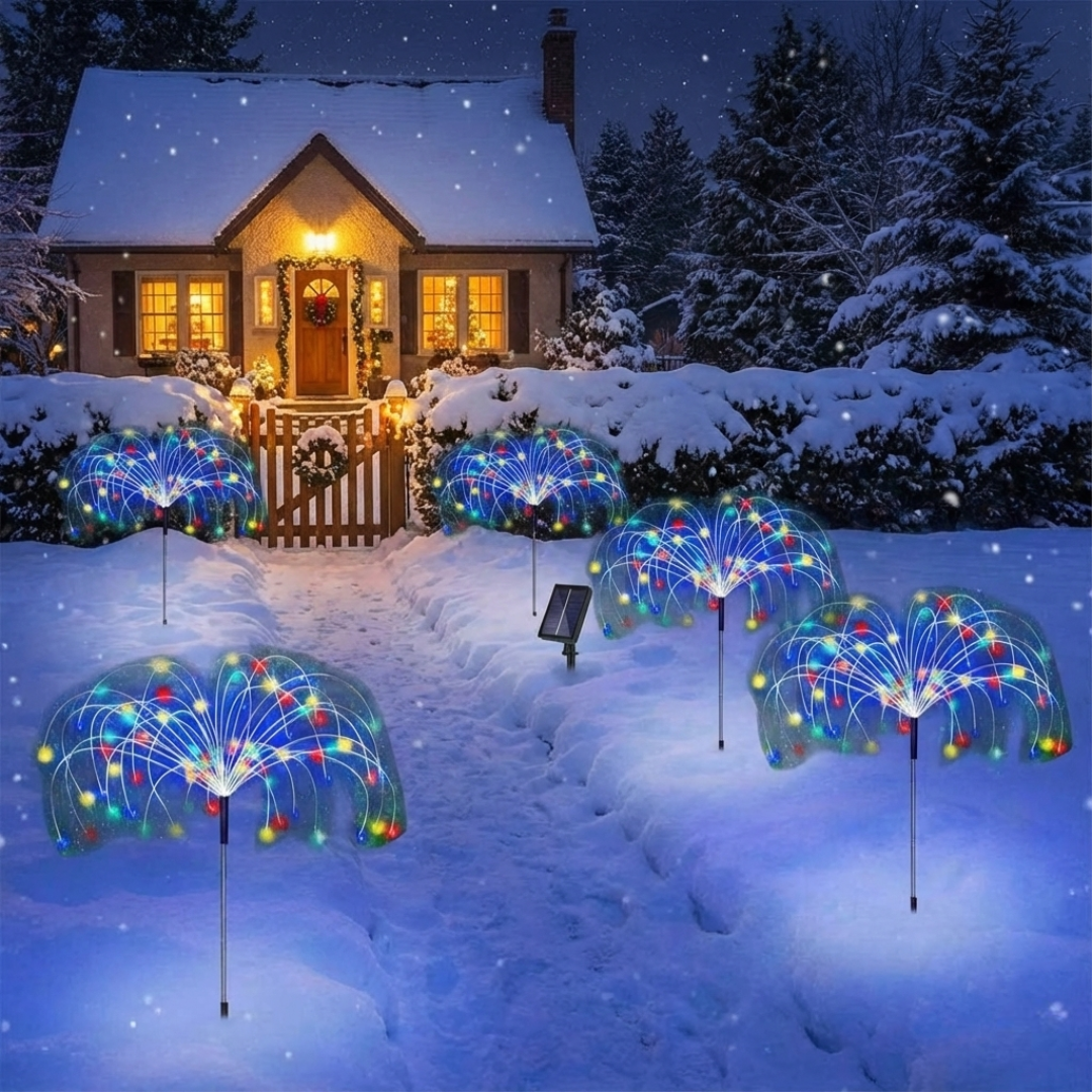 Five solar fireworks garden lights with multicolor copper wire LEDs staked in snow in front of a cottage at dusk