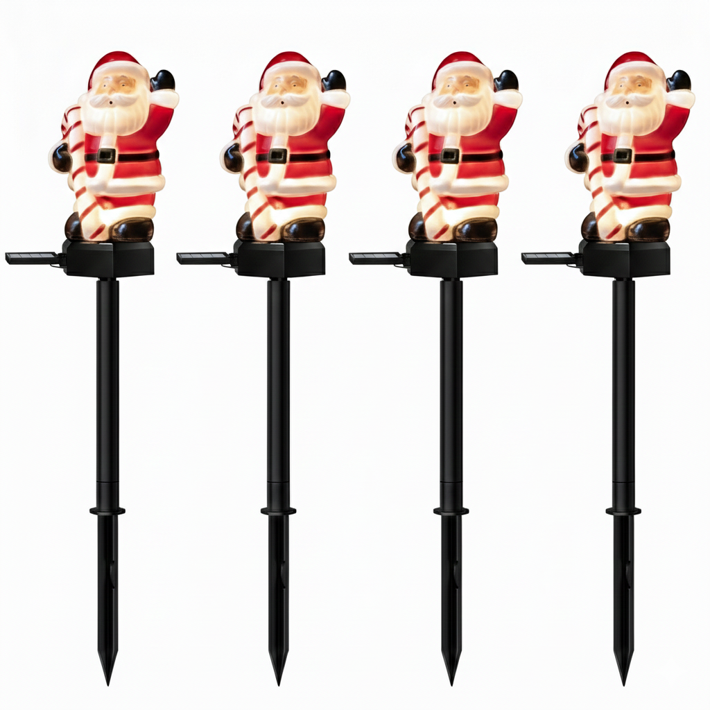 Four solar Santa pathway stake lights on white background, unlit product-only view showing red and white Santa figures on black stakes