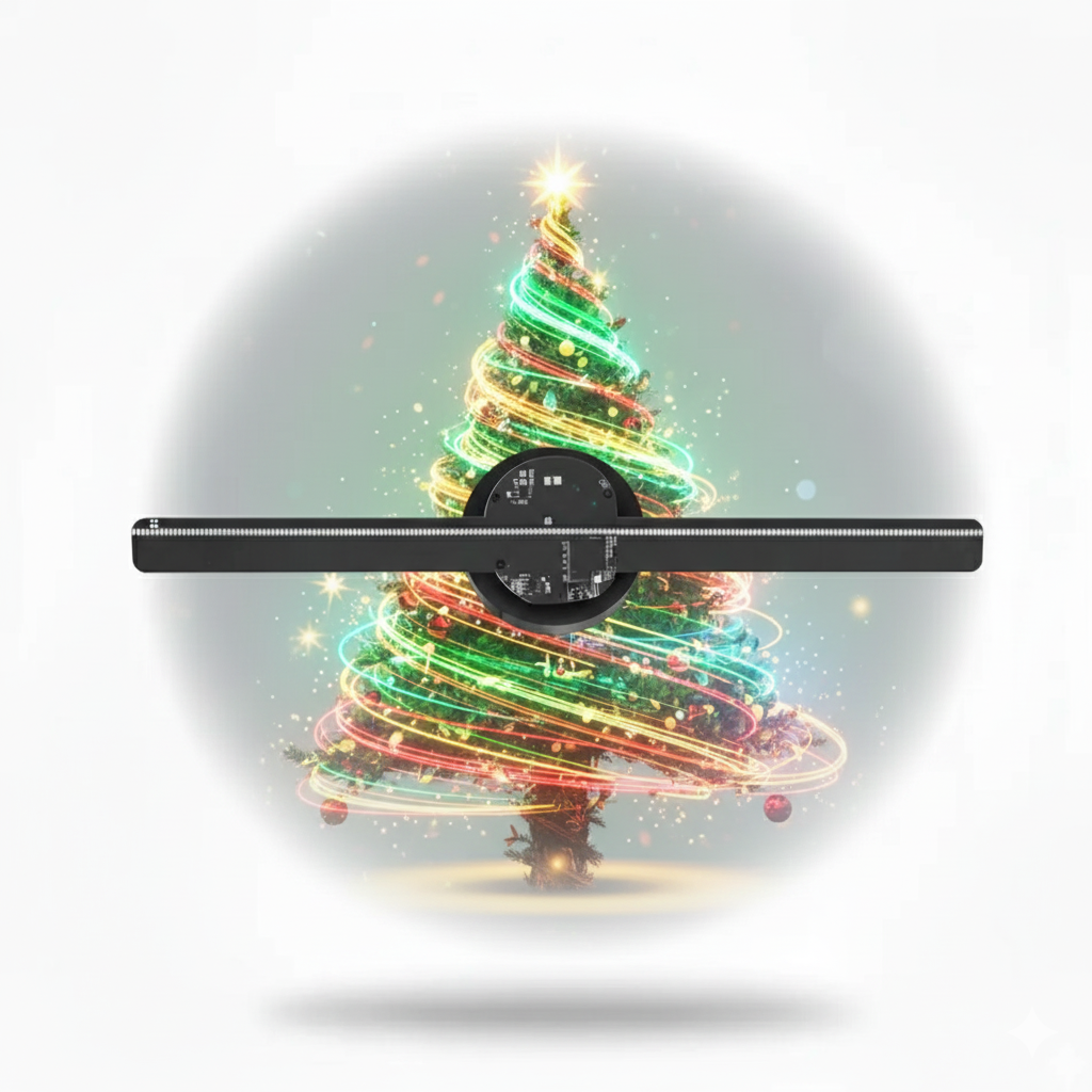 LED hologram fan display showing a glowing Christmas tree hologram floating in mid-air, viewed from the front on a white background