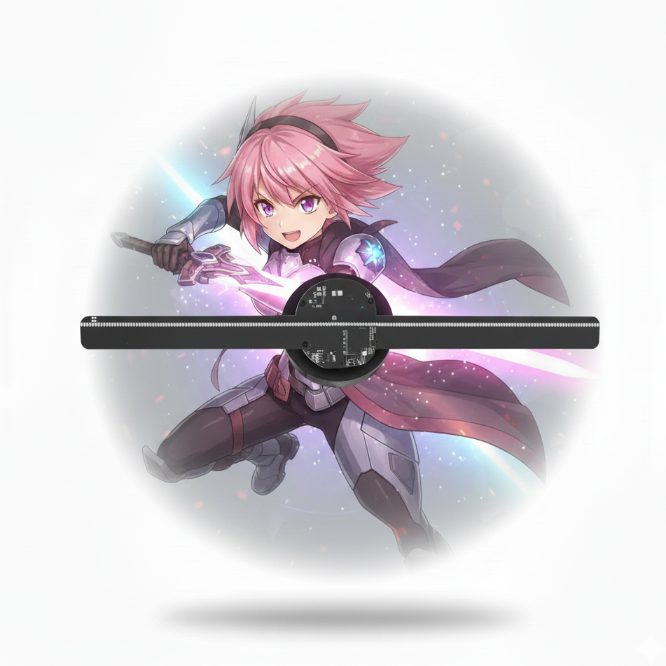 LED hologram fan display showing a pink-haired anime character hologram floating in the air, viewed from the front on a light background