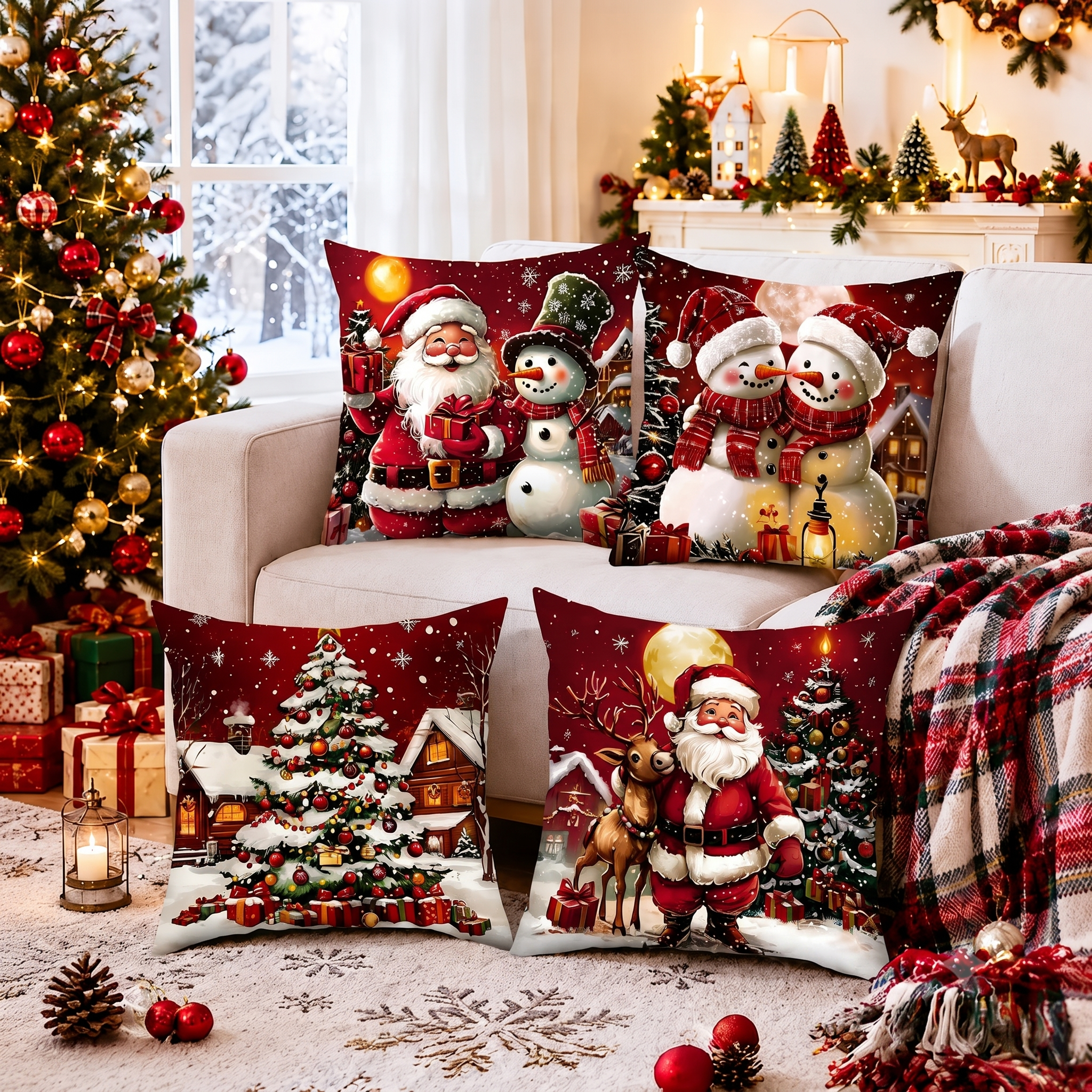 Pack Of 4 Christmas Decorative Pillow Covers With Ornament And Tree Print For Holiday Home Decor