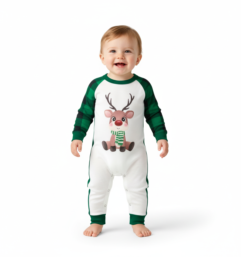 Reindeer Printed Family Matching Plaid Christmas Pajama Set