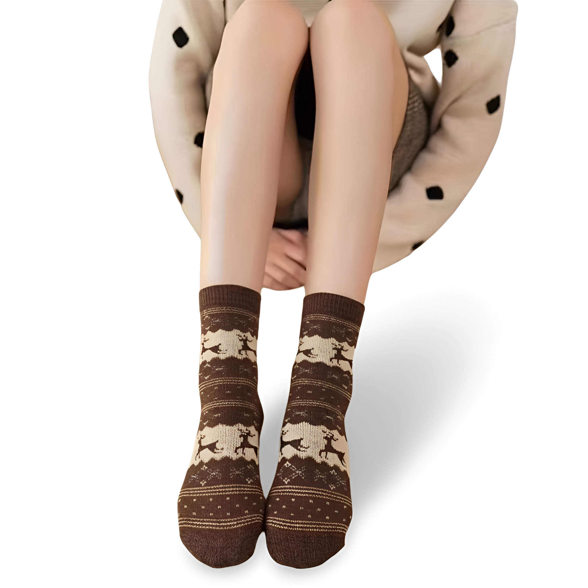 5 Pair Of Reindeer Print Mid Calf Christmas Socks For Women
