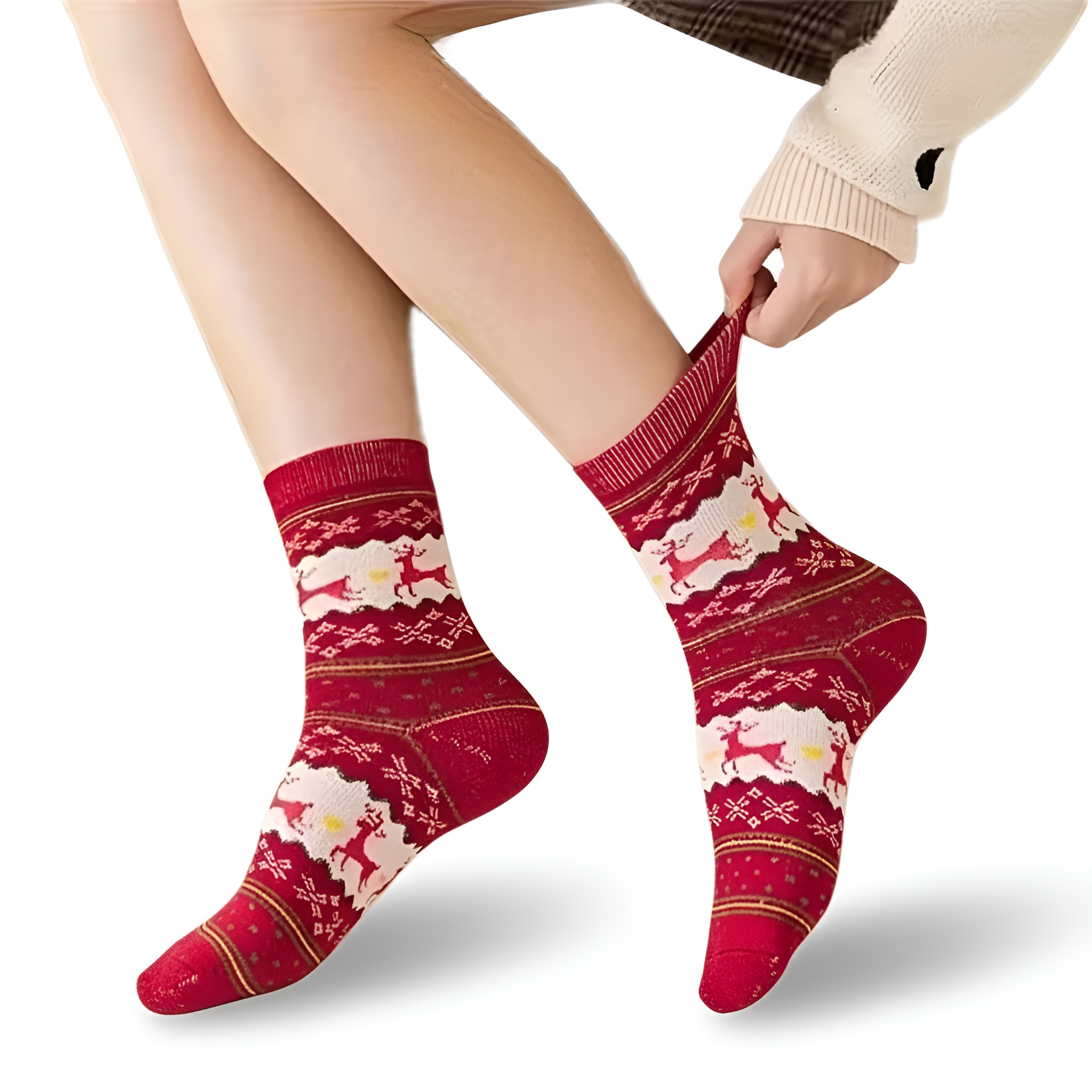 5 Pair Of Reindeer Print Mid Calf Christmas Socks For Women