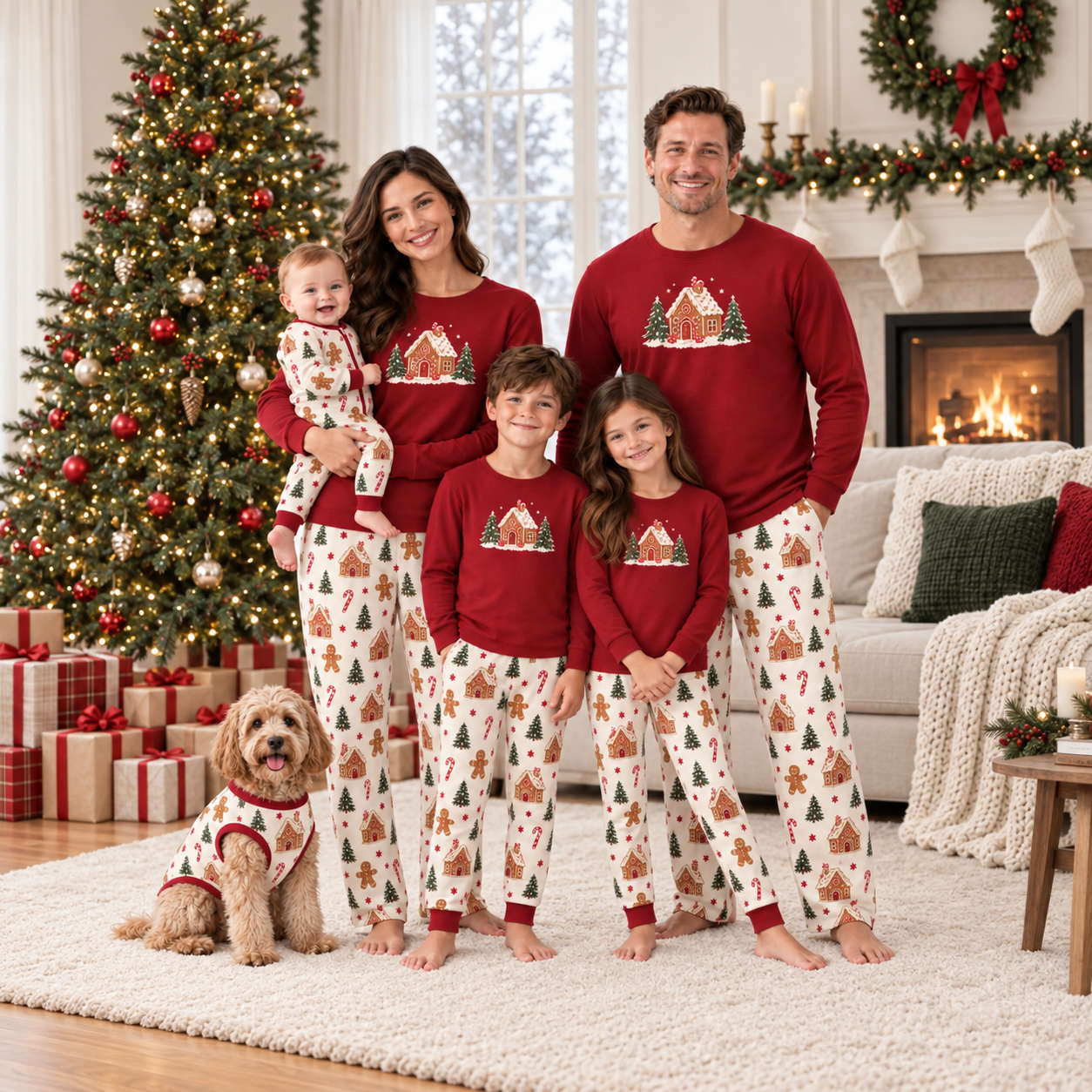 Christmas family matching pajama set with red gingerbread house top and cream cookie-print pants: family of five and dog, studio photo