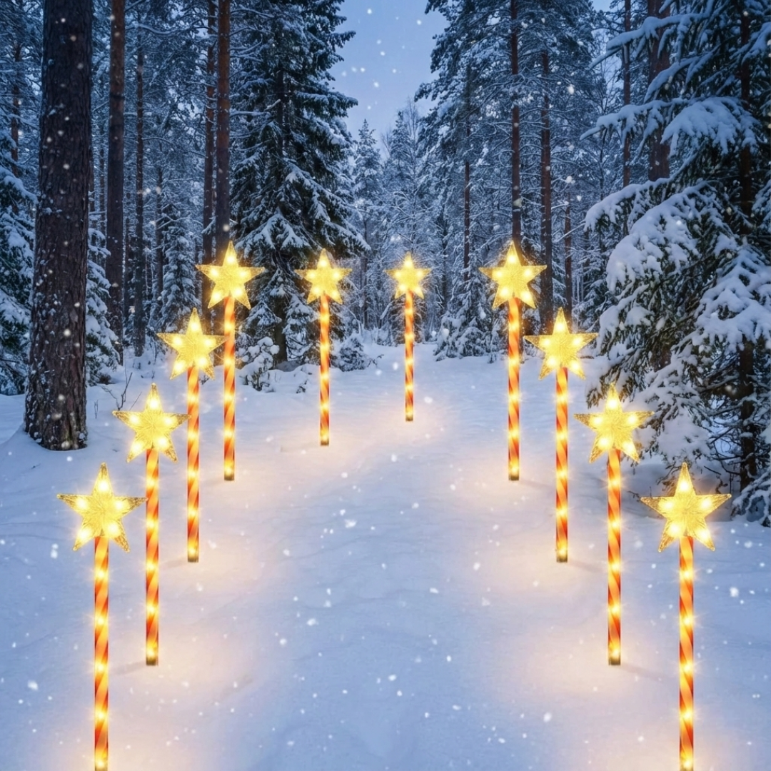 Solar star candy cane stake lights with warm white star toppers and red-striped poles lining a forest pathway on both sides in deep snow