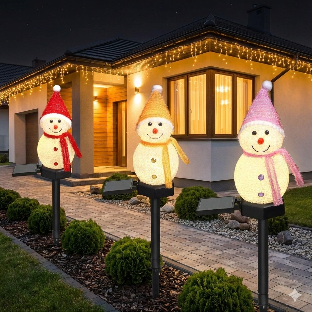 Three solar snowman Christmas pathway lights with colorful knit hats glowing softly at dusk in front of a contemporary home