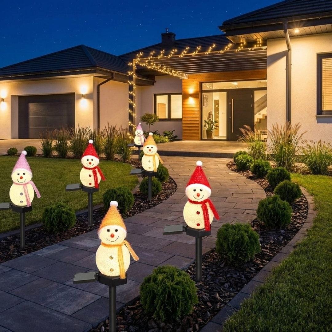 Six solar snowman pathway lights in varied hat colors lining both sides of a curved stone garden path at dusk