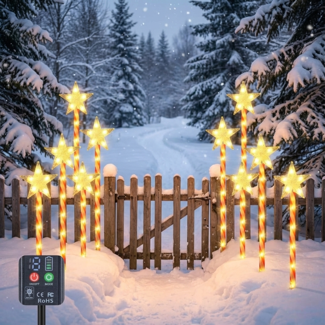 Eight solar star candy cane pathway lights flanking a snow-covered wooden gate at night, controller unit visible, warm glow on fence posts