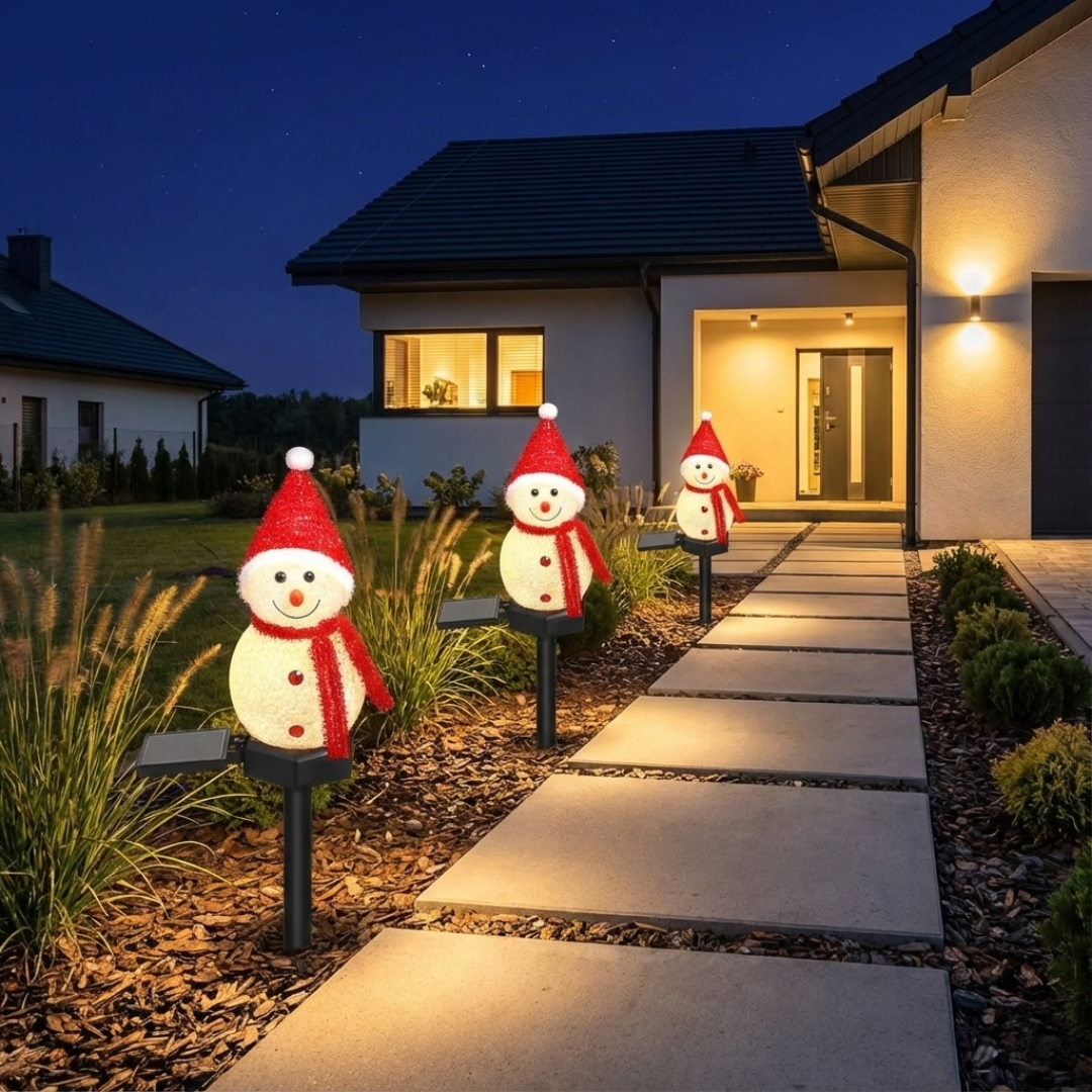 Three solar snowman Christmas pathway lights with red hats glowing along stepping stone path beside ornamental grasses at night