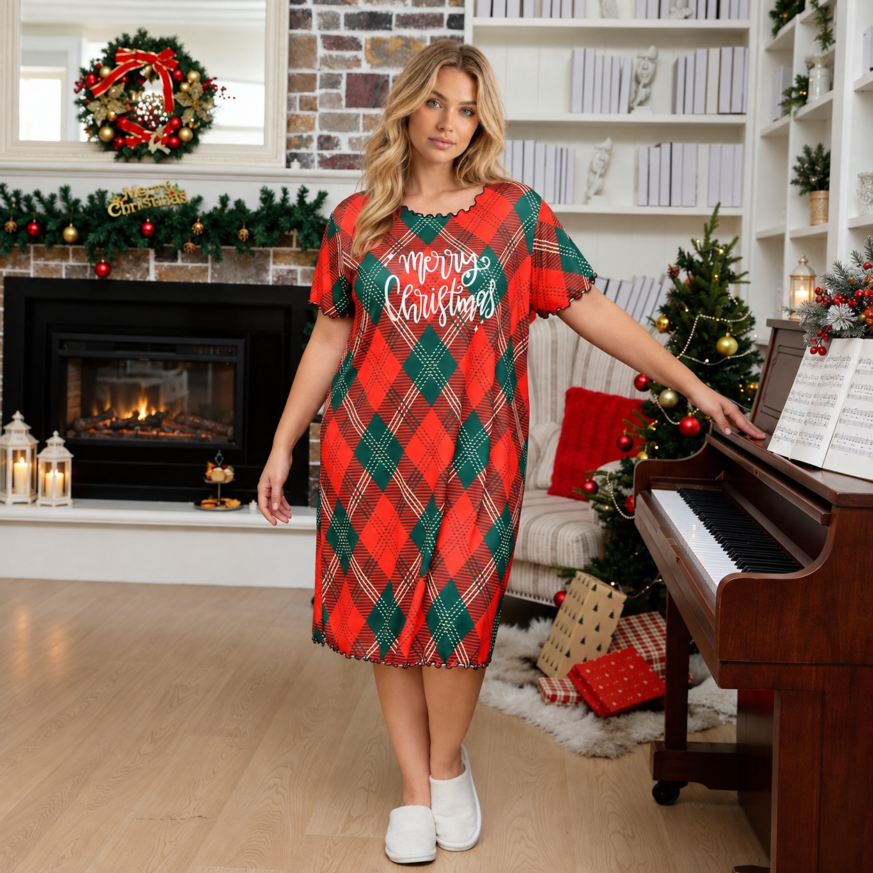 Christmas Letter Print Plus Size Sleep Dress Two Piece Pajama Set For Women