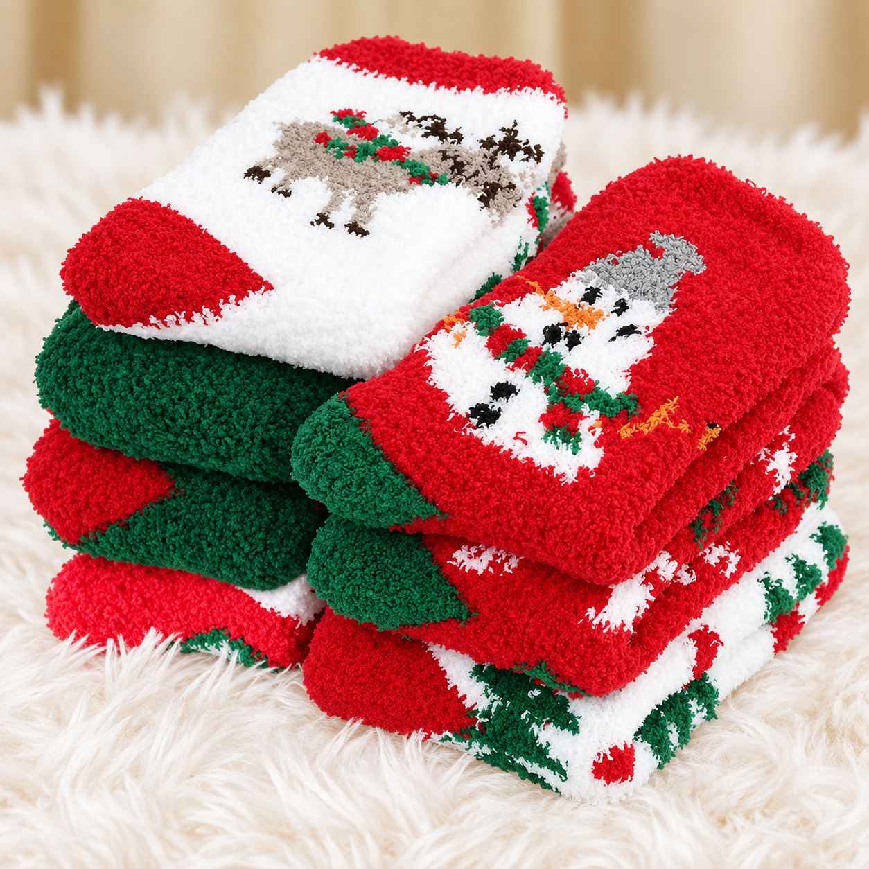 6 Pairs Christmas Fuzzy Socks for Women Warm Fluffy Slipper Socks