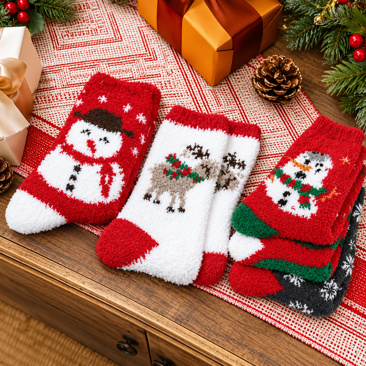 6 Pairs Christmas Fuzzy Socks for Women Warm Fluffy Slipper Socks