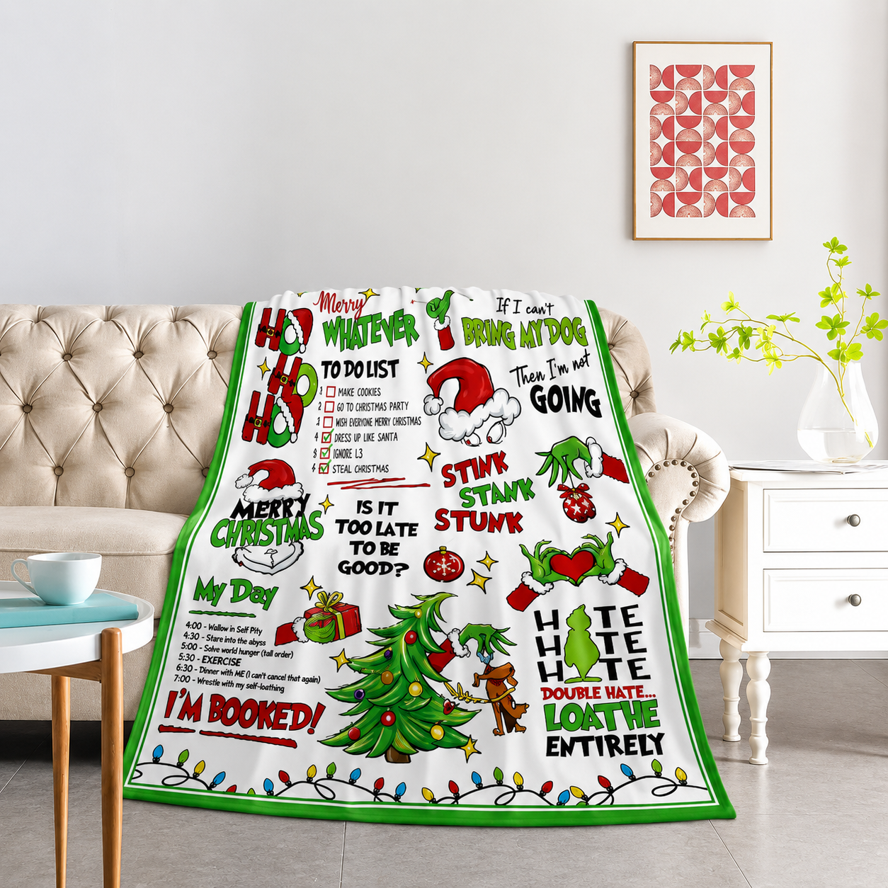 Funny Xmas Tree And Letter Print Christmas Throw Blanket For Sofa Couch Bedroom And Dorm