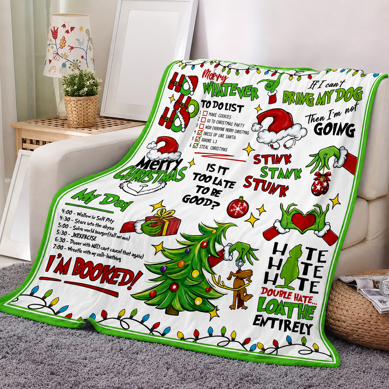 Funny Xmas Tree And Letter Print Christmas Throw Blanket For Sofa Couch Bedroom And Dorm
