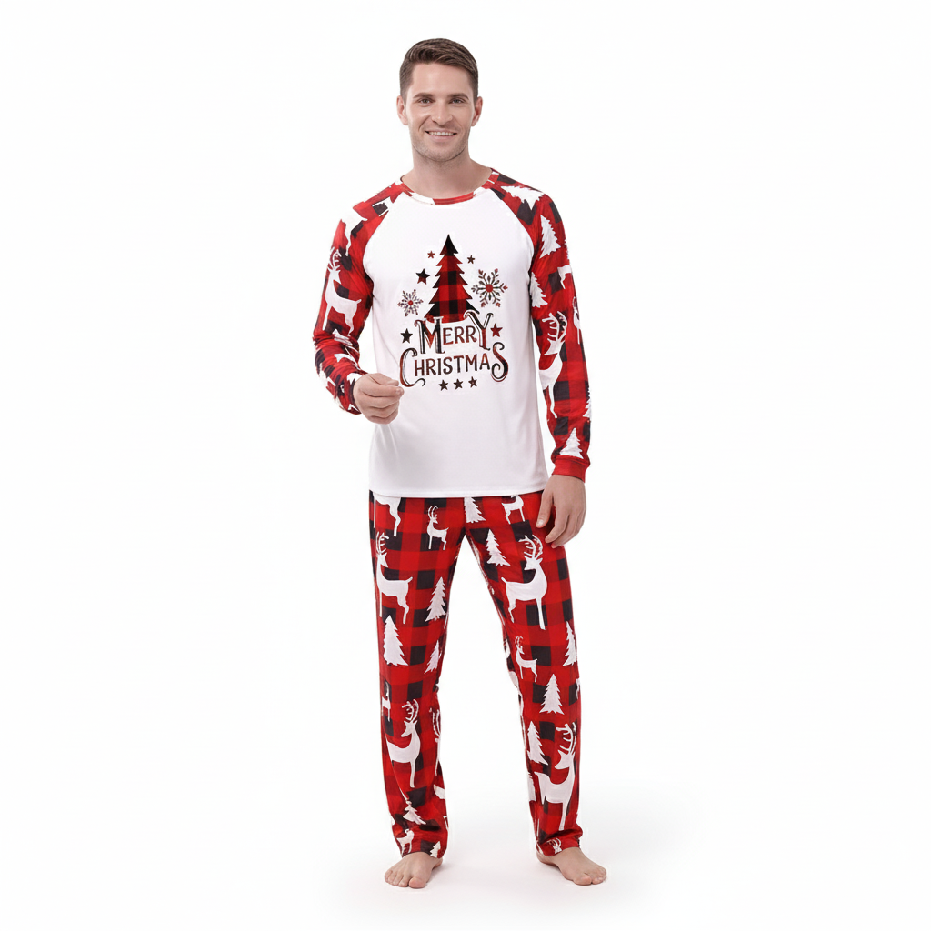 Merry Christmas Printed Family Matching Plaid Pajama Set