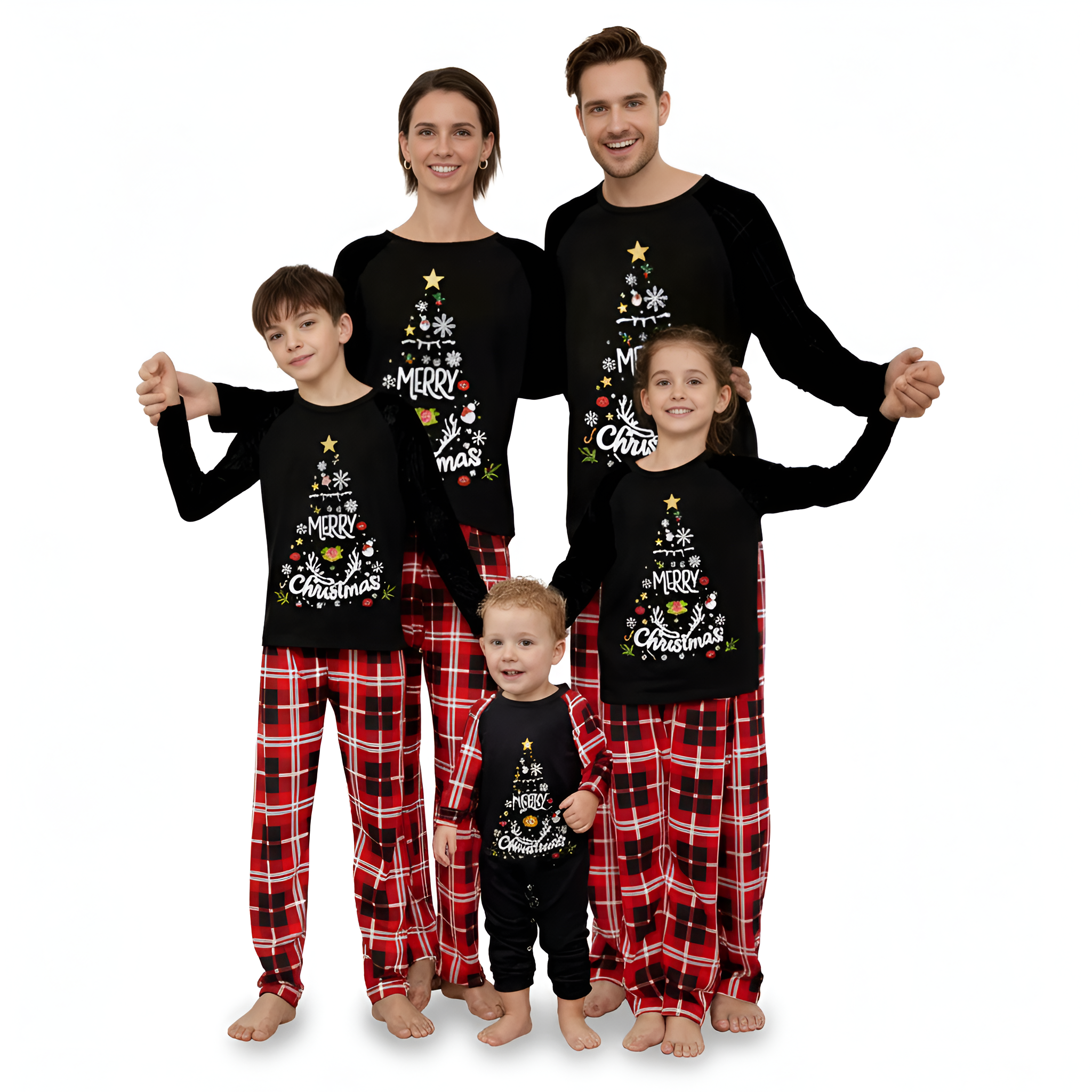 Merry Christmas Tree Printed Family Matching Plaid Pajama Set