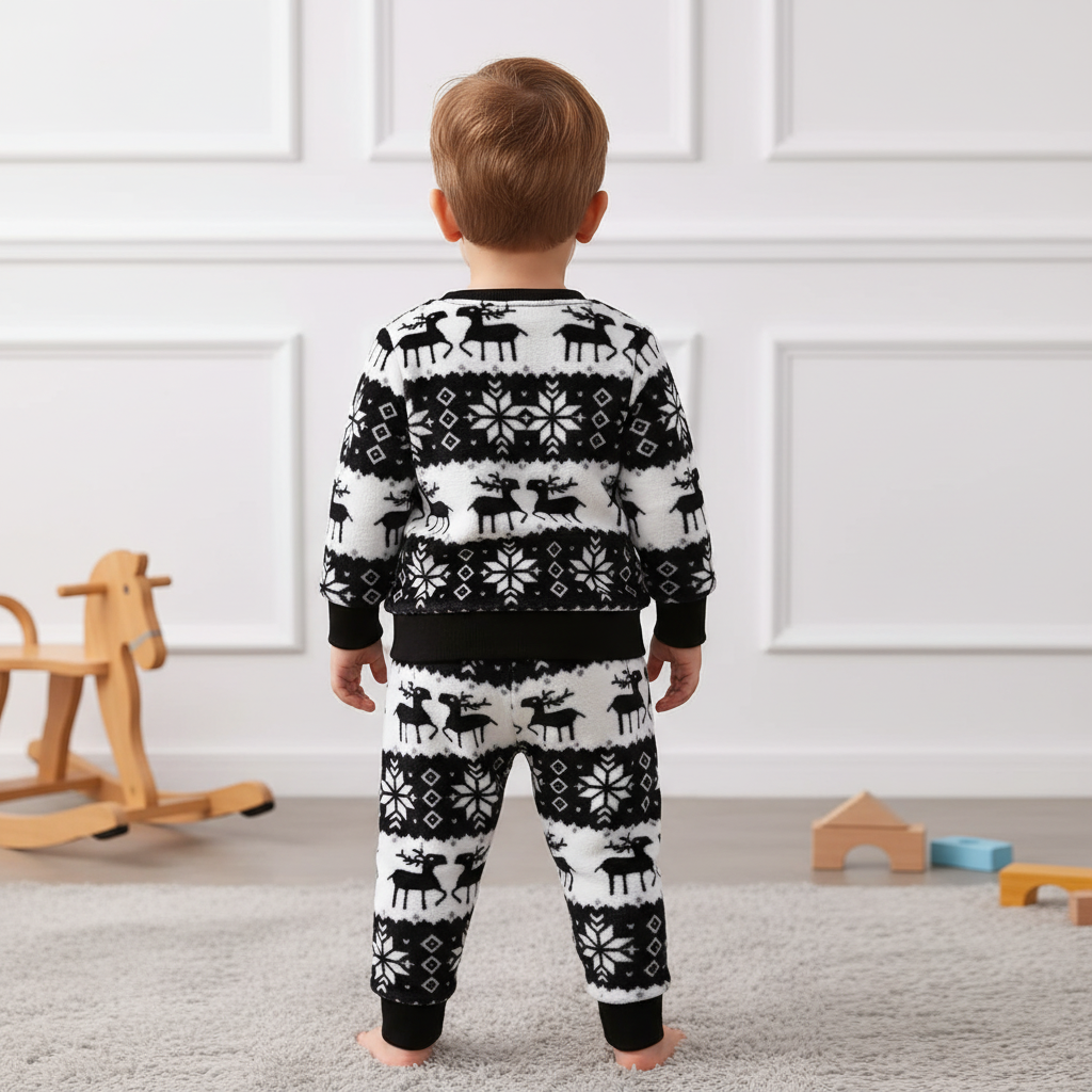 Christmas Winter Outfit for Boys with Warm Flannel Pants and Top Set