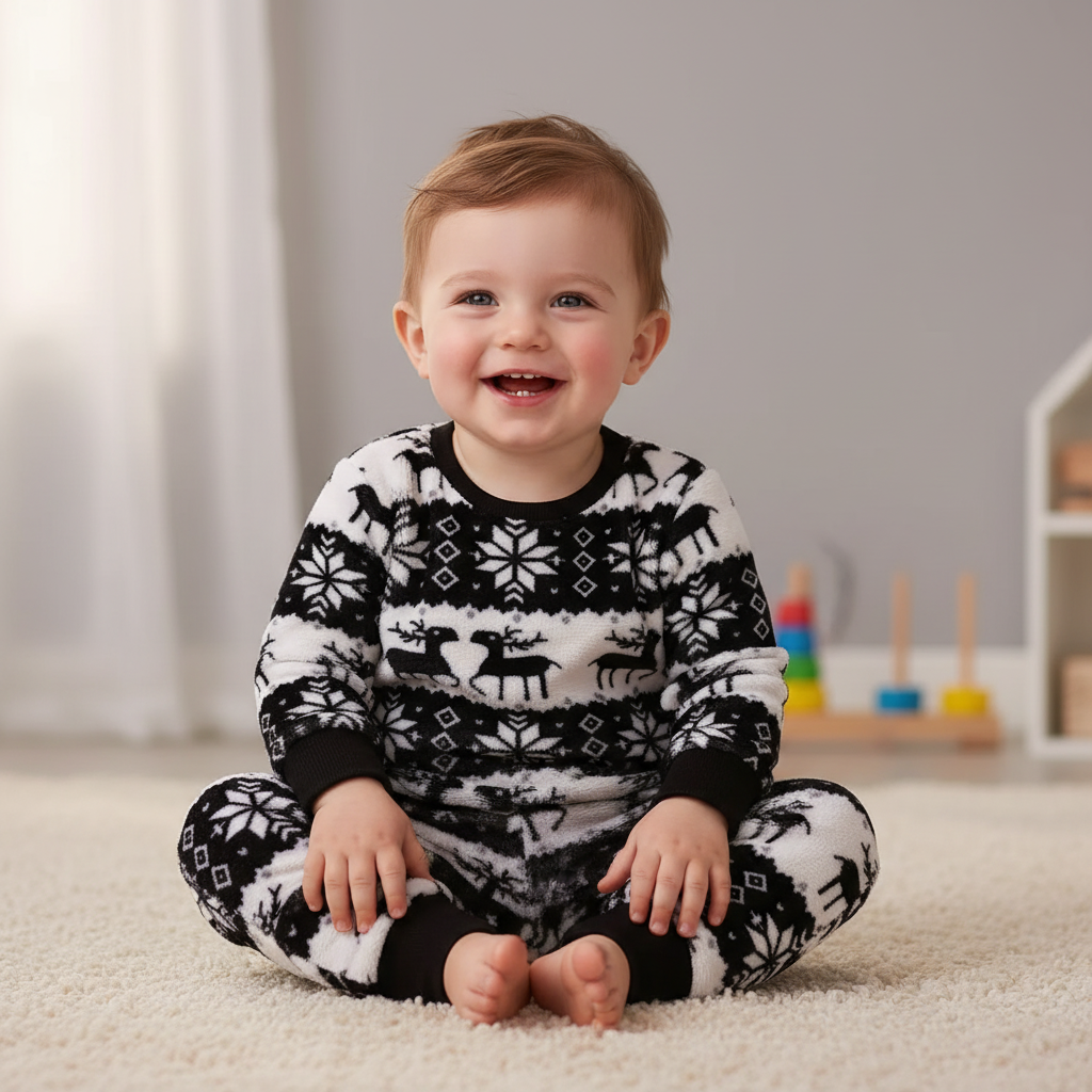Christmas Winter Outfit for Boys with Warm Flannel Pants and Top Set