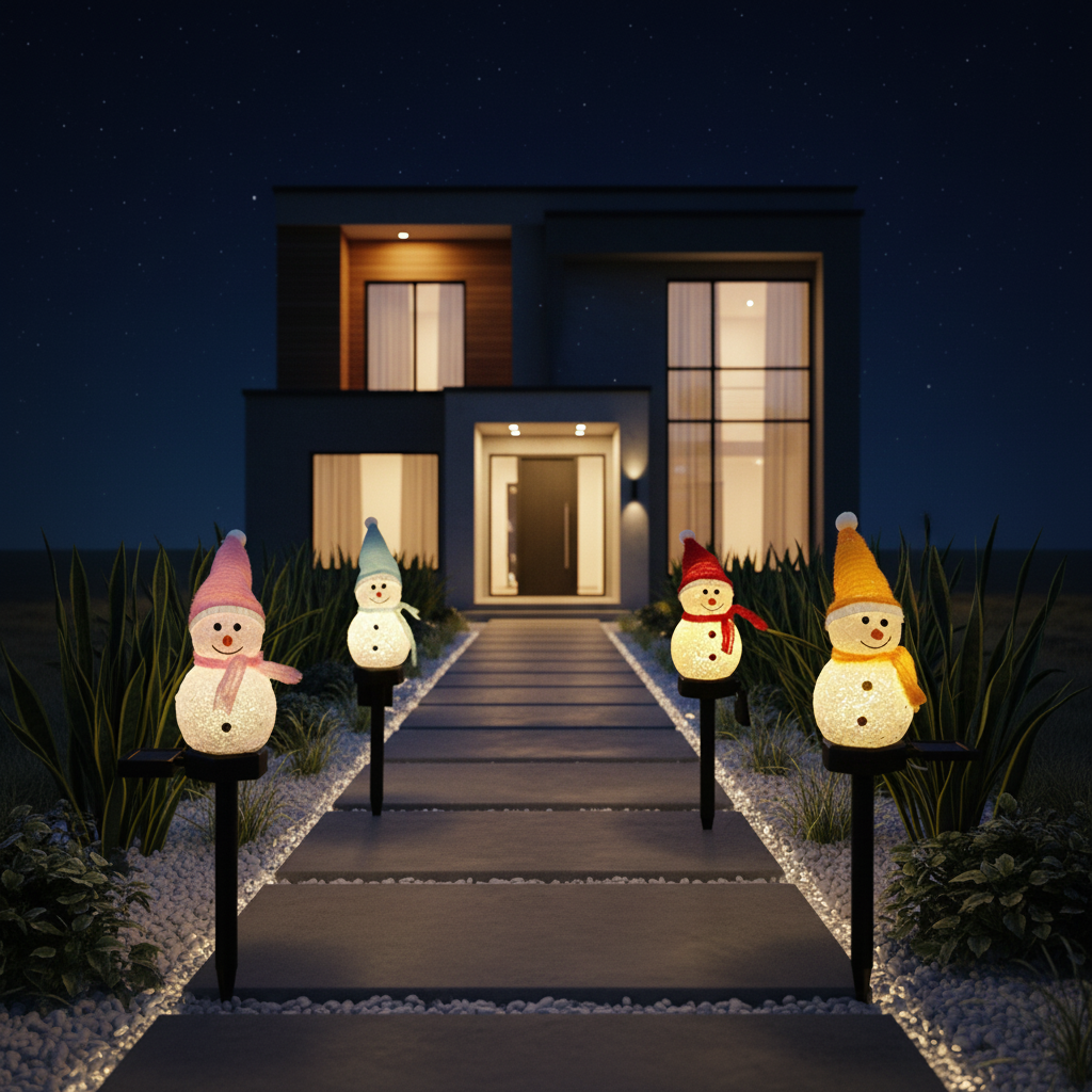 Solar snowman LED Christmas pathway lights flanking modern home driveway walkway at night with four units