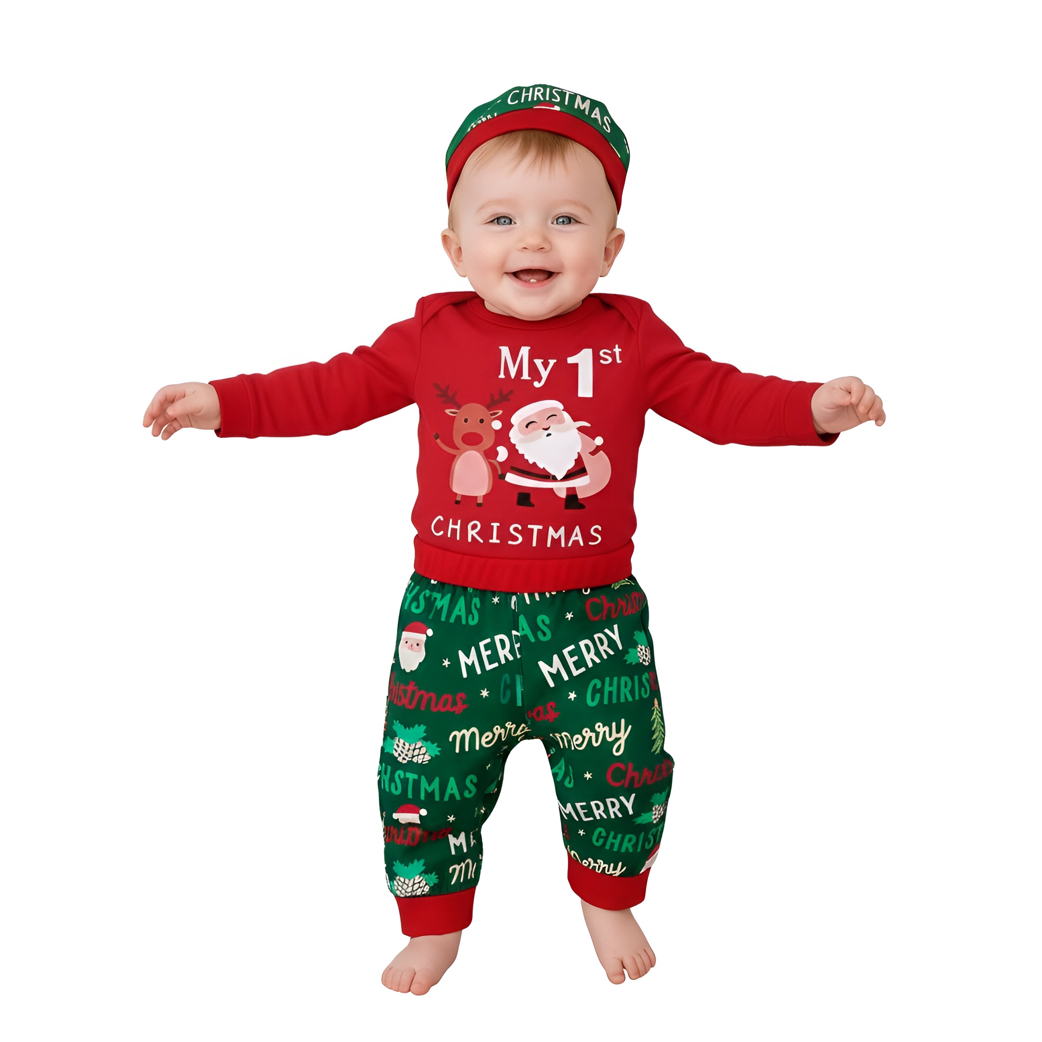 My First Christmas Santa Print Top Pants and Hat 3 Piece Set For Infant