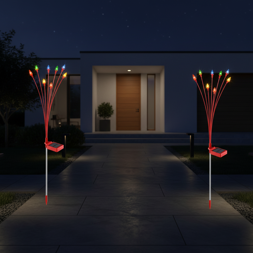 Two solar Christmas garden lights with multicolor LED berry clusters on red wire stakes flanking a walkway at night