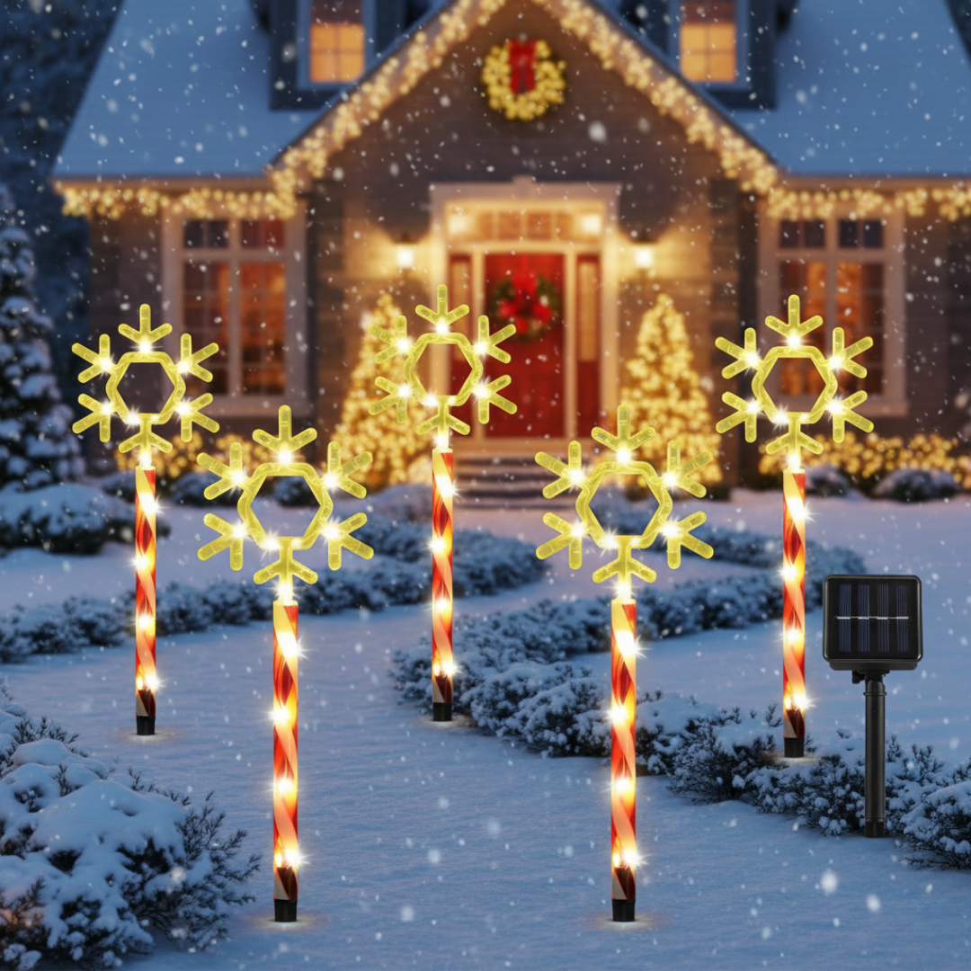 Five solar Christmas pathway lights with snowflake-shaped acrylic toppers and red-white candy-cane stakes in snowy yard with decorated house behind