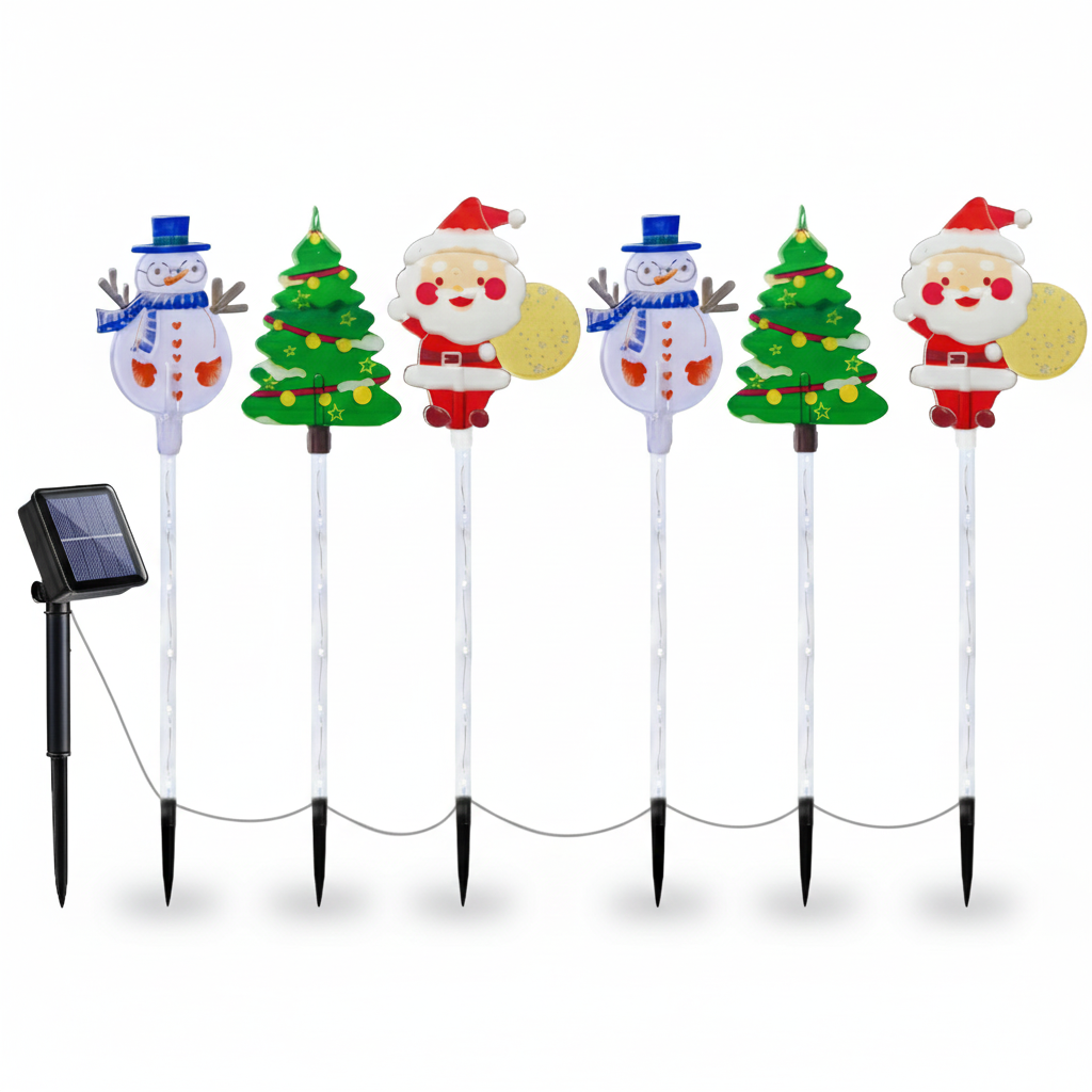 Six solar Christmas outdoor pathway lights featuring Santa, snowman, and tree acrylic figures on stakes shown in product-only white background view