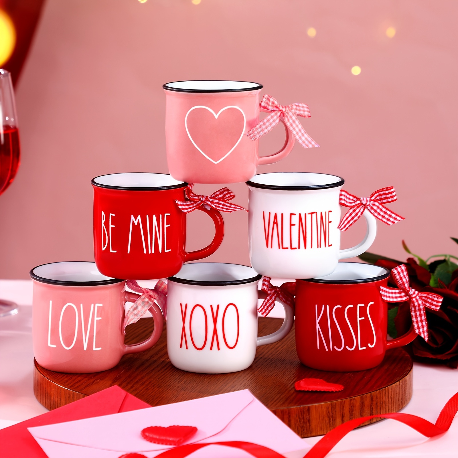 Pack Of 6 Valentine Mini Ceramic Coffee Mugs With Ribbon