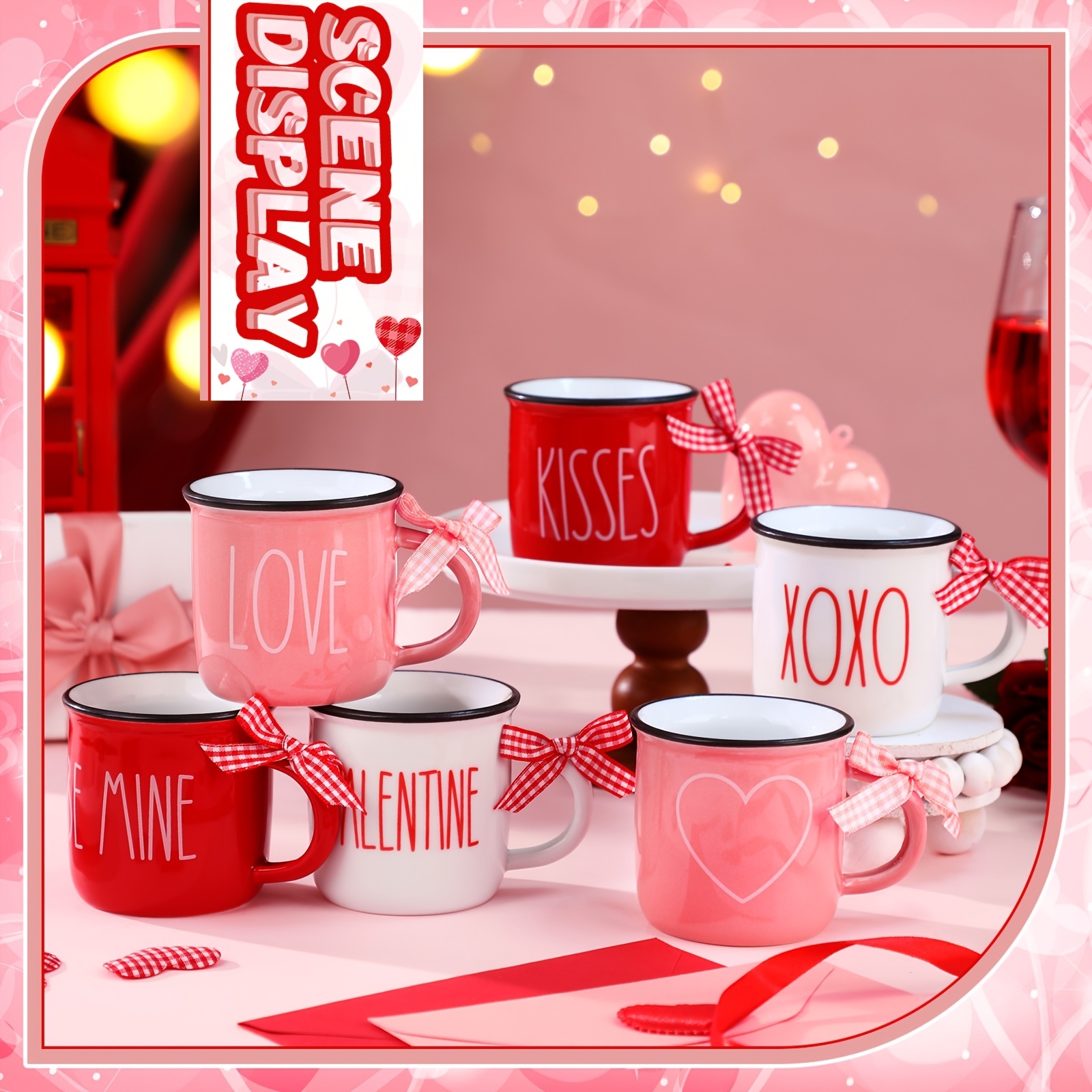 Pack Of 6 Valentine Mini Ceramic Coffee Mugs With Ribbon