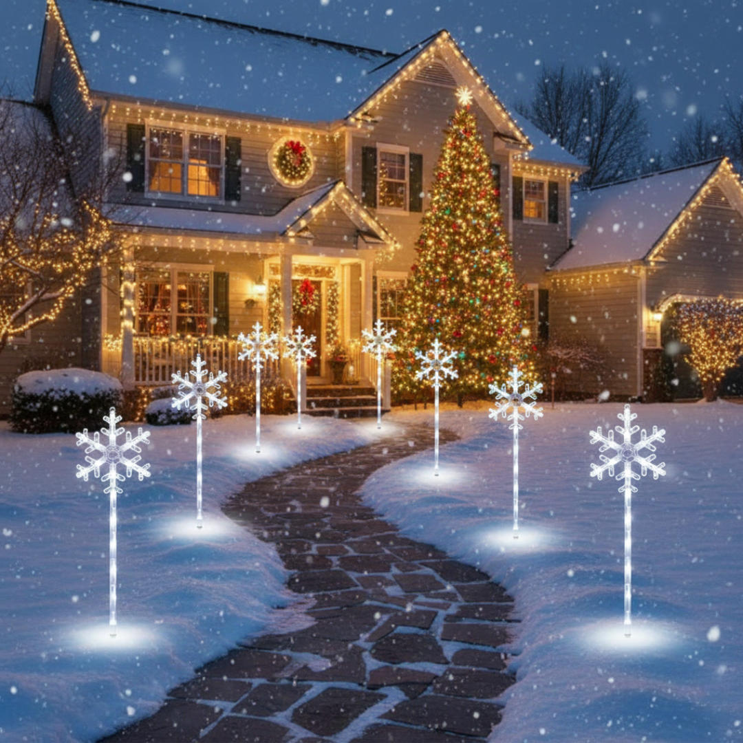 Solar snowflake path lights lining a snow-covered walkway in front of a large festively lit house with falling snow
