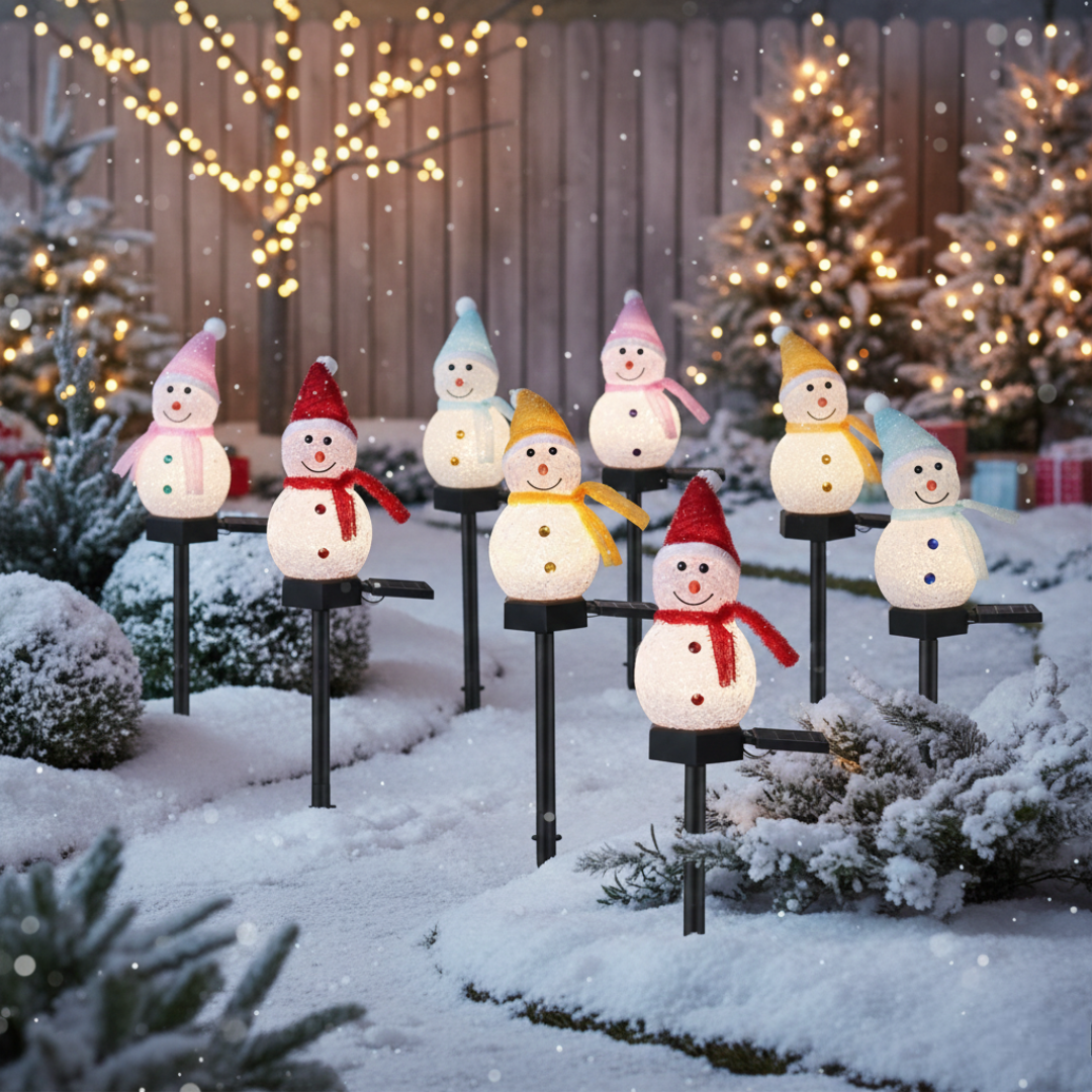 Eight solar snowman pathway holiday lights with colorful hats and scarves staked in a snowy garden with warm string lights overhead